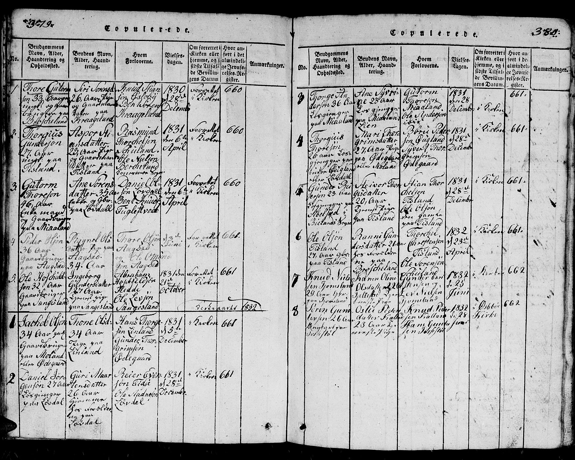 Holum sokneprestkontor, AV/SAK-1111-0022/F/Fb/Fbb/L0001: Parish register (copy) no. B 1, 1820-1847, p. 379-380