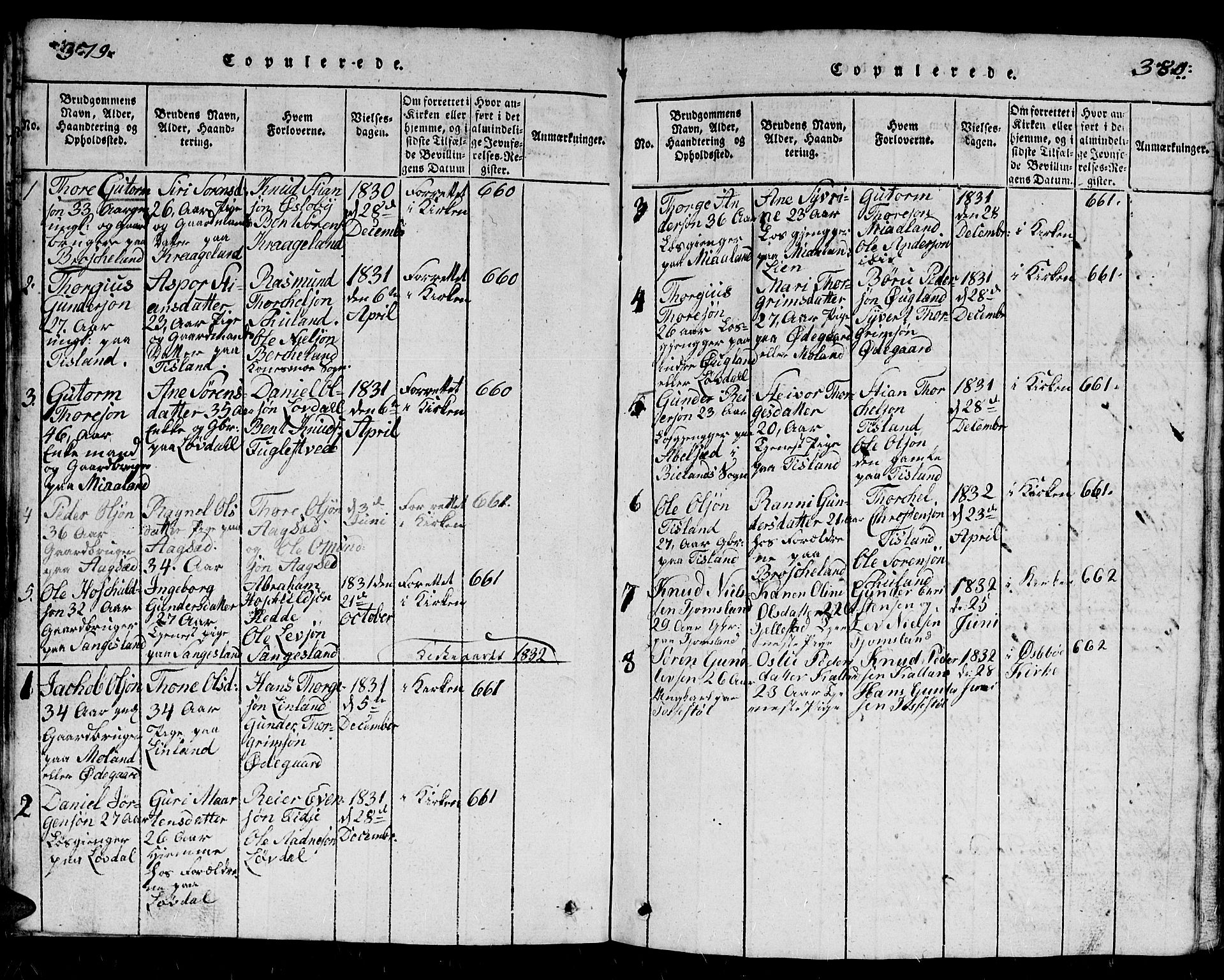 Holum sokneprestkontor, AV/SAK-1111-0022/F/Fb/Fbb/L0001: Parish register (copy) no. B 1, 1820-1847, p. 379-380