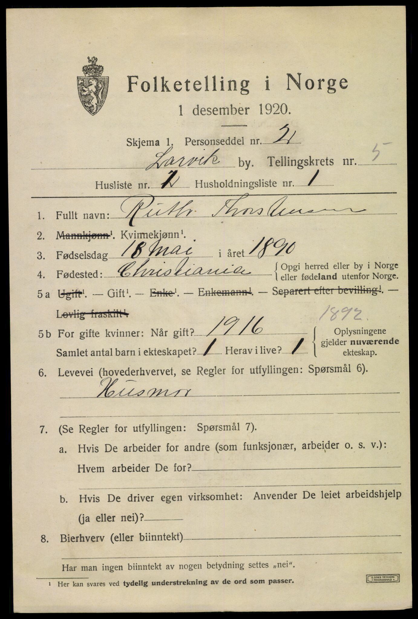 SAKO, 1920 census for Larvik, 1920, p. 16054