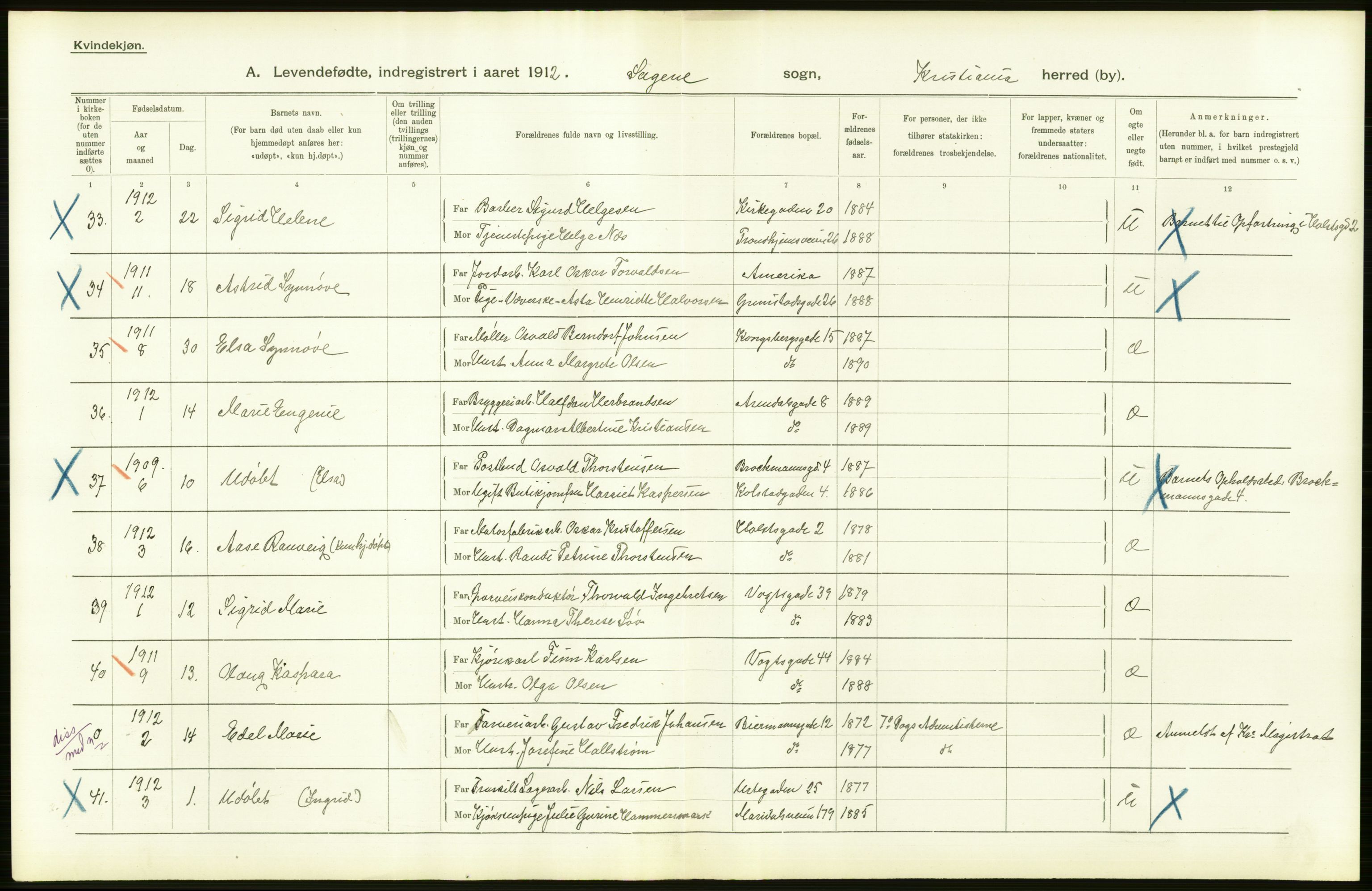 Statistisk sentralbyrå, Sosiodemografiske emner, Befolkning, RA/S-2228/D/Df/Dfb/Dfbb/L0007: Kristiania:  Levendefødte menn og kvinner., 1912, p. 424