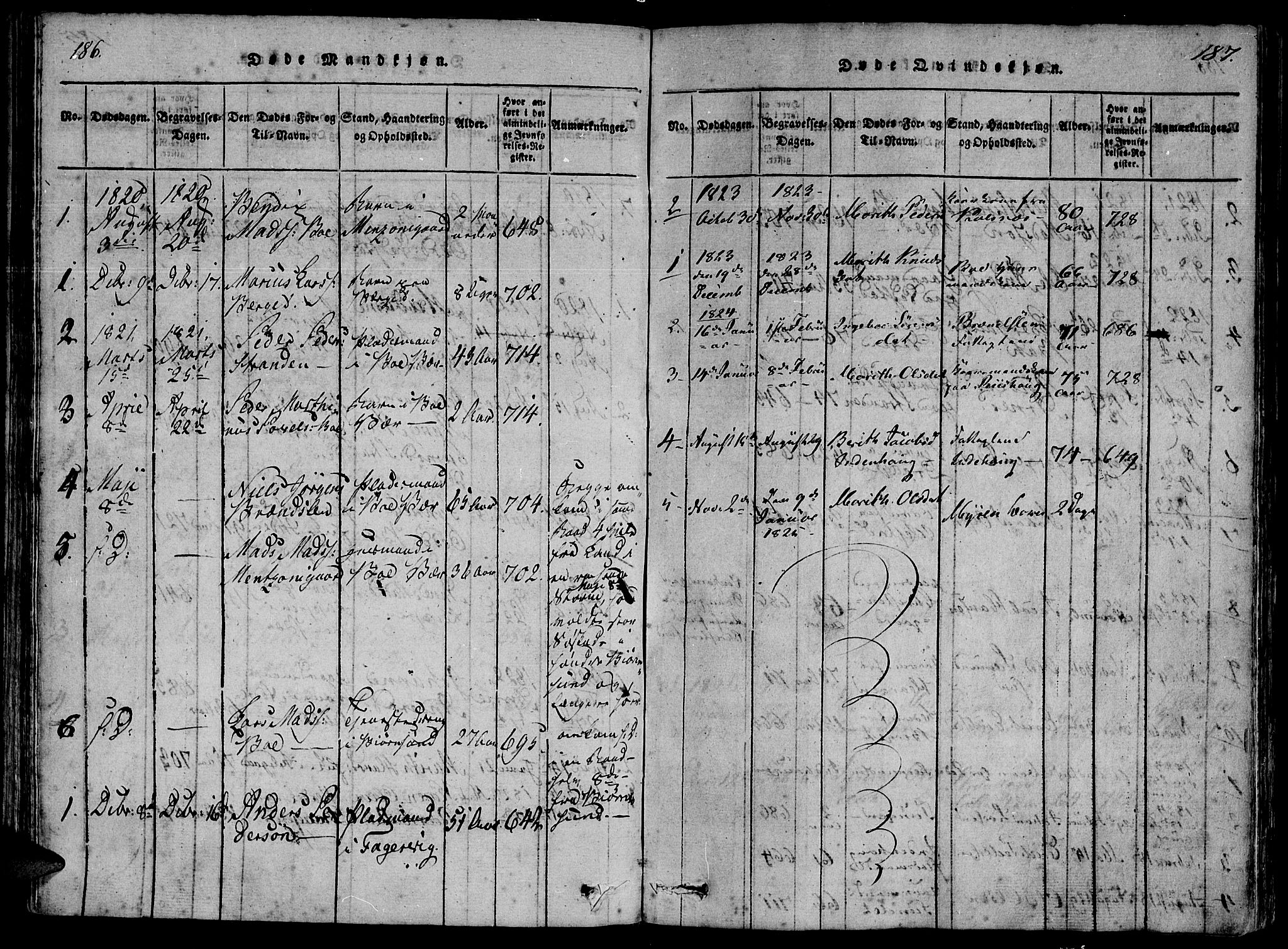 Ministerialprotokoller, klokkerbøker og fødselsregistre - Møre og Romsdal, SAT/A-1454/566/L0763: Parish register (official) no. 566A03 /1, 1817-1829, p. 186-187