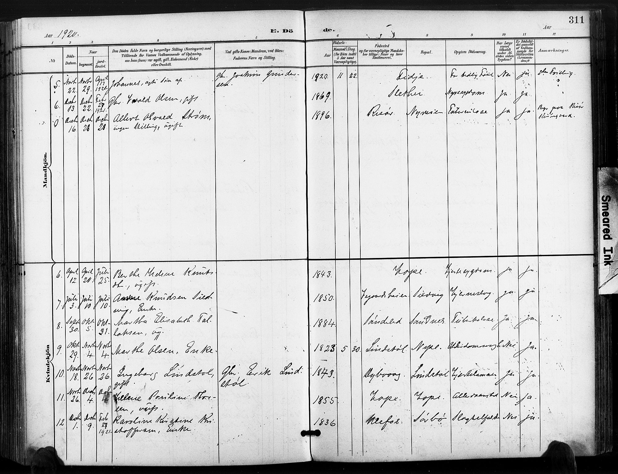 Søndeled sokneprestkontor, AV/SAK-1111-0038/F/Fa/L0006: Parish register (official) no. A 6, 1900-1922, p. 311