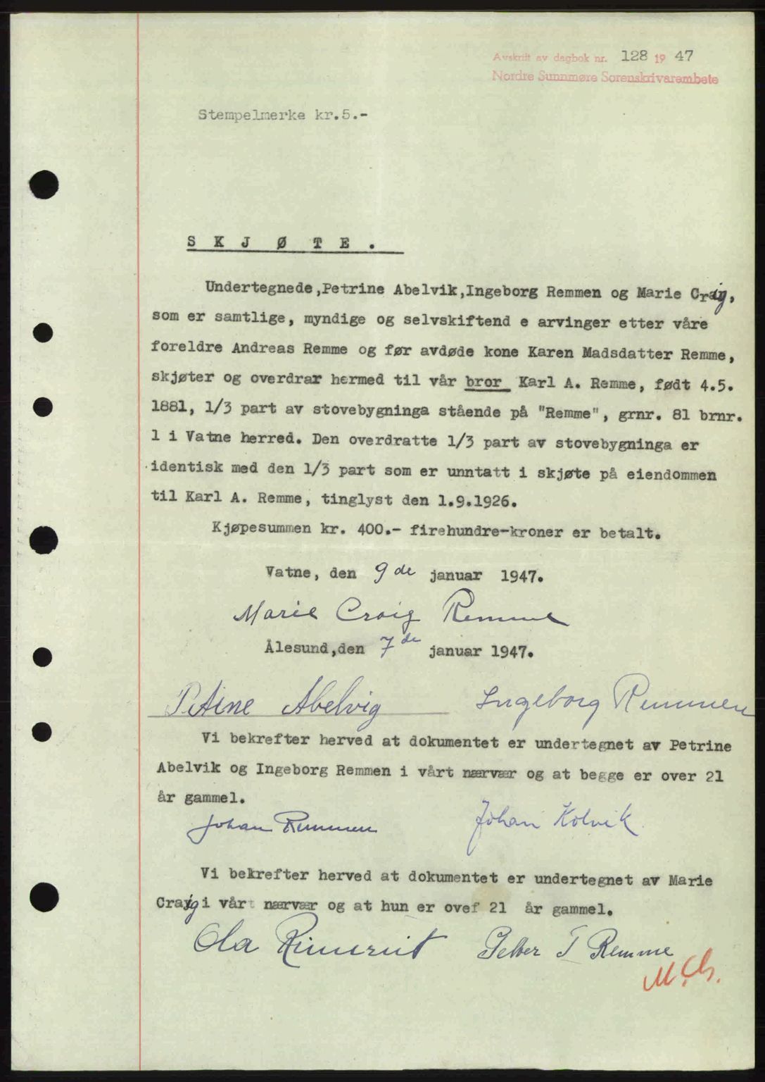 Nordre Sunnmøre sorenskriveri, AV/SAT-A-0006/1/2/2C/2Ca: Mortgage book no. A23, 1946-1947, Diary no: : 128/1947