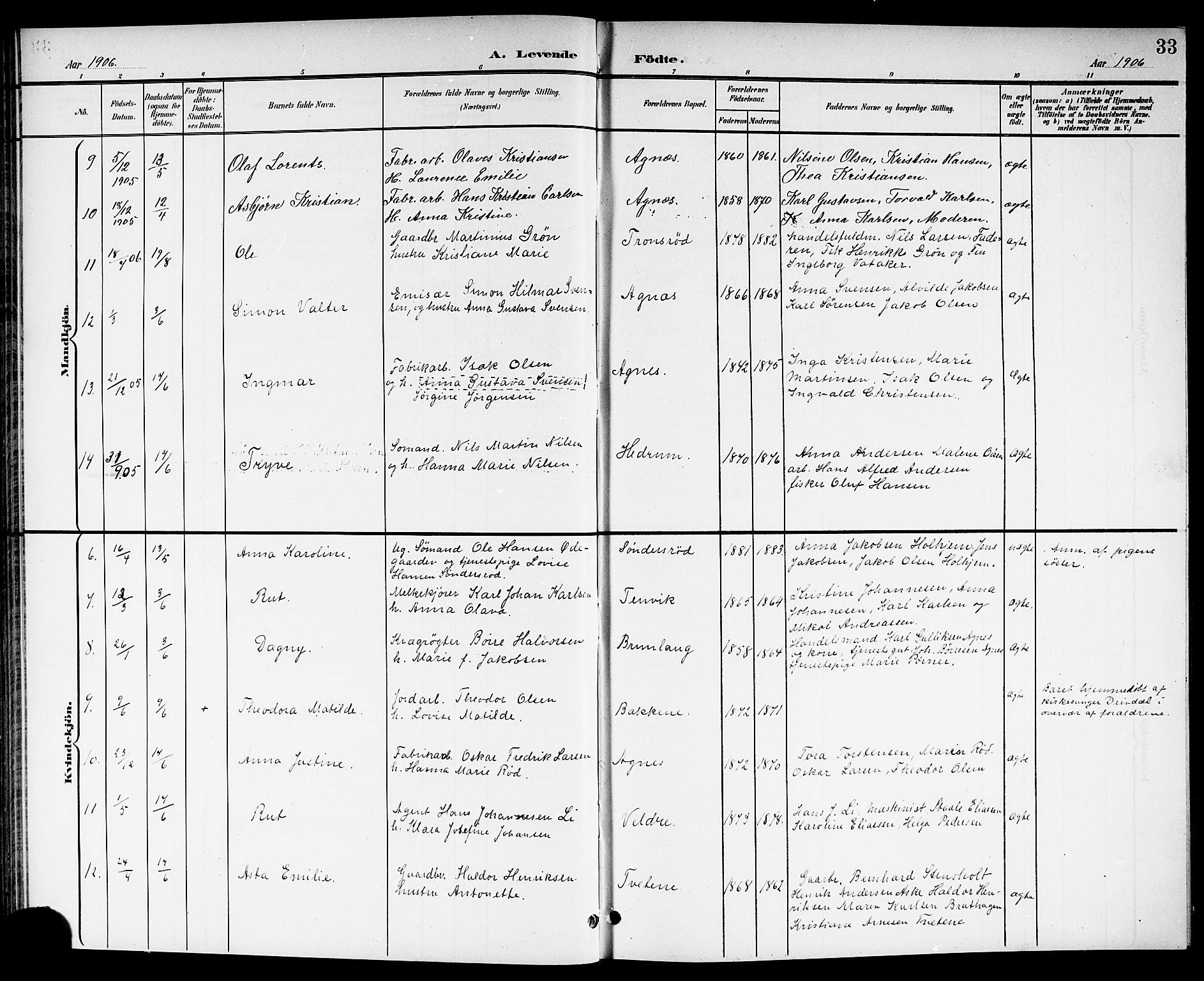 Brunlanes kirkebøker, SAKO/A-342/G/Ga/L0004: Parish register (copy) no. I 4, 1898-1921, p. 33