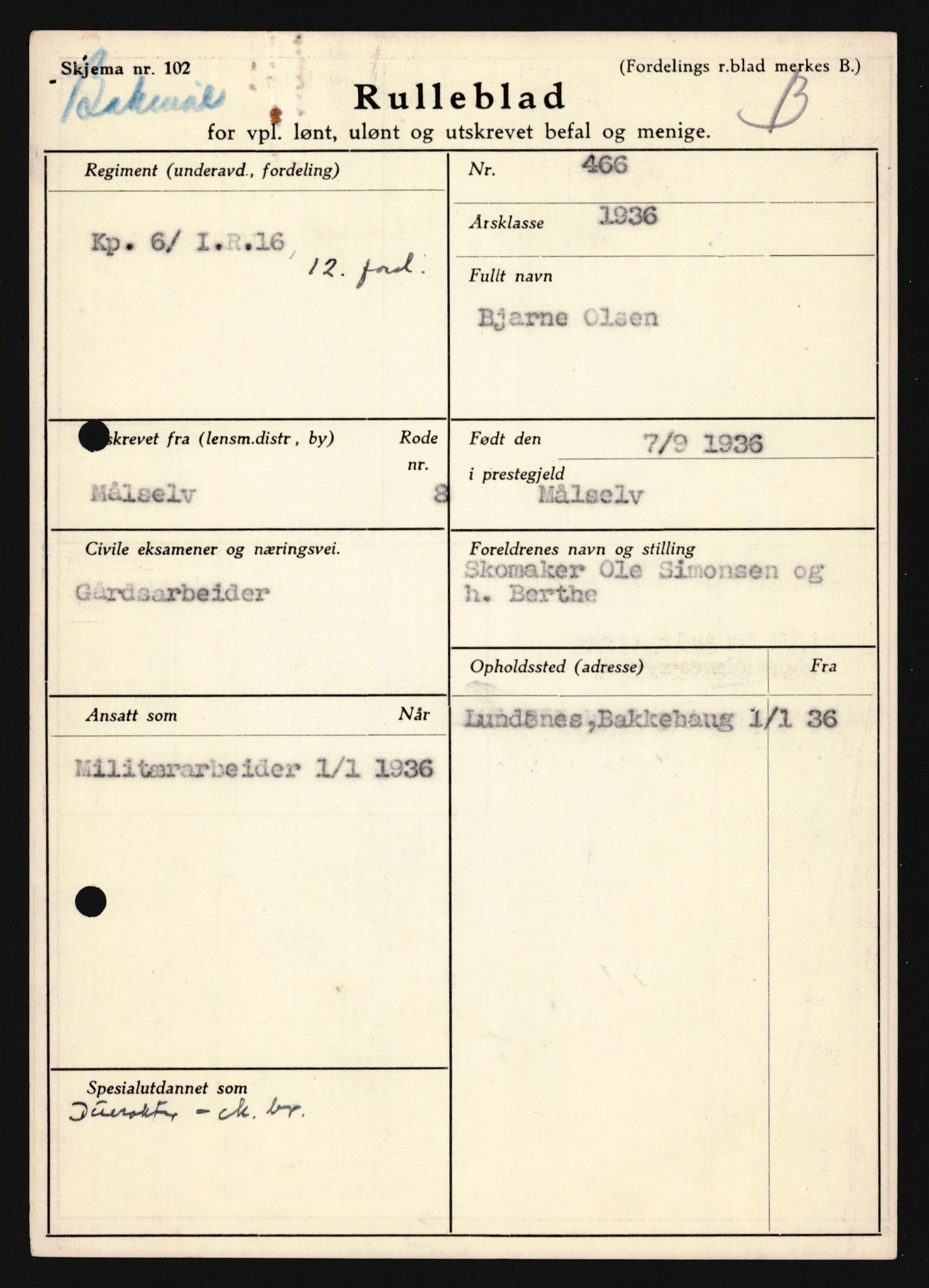 Forsvaret, Troms infanteriregiment nr. 16, AV/RA-RAFA-3146/P/Pa/L0020: Rulleblad for regimentets menige mannskaper, årsklasse 1936, 1936, p. 1011