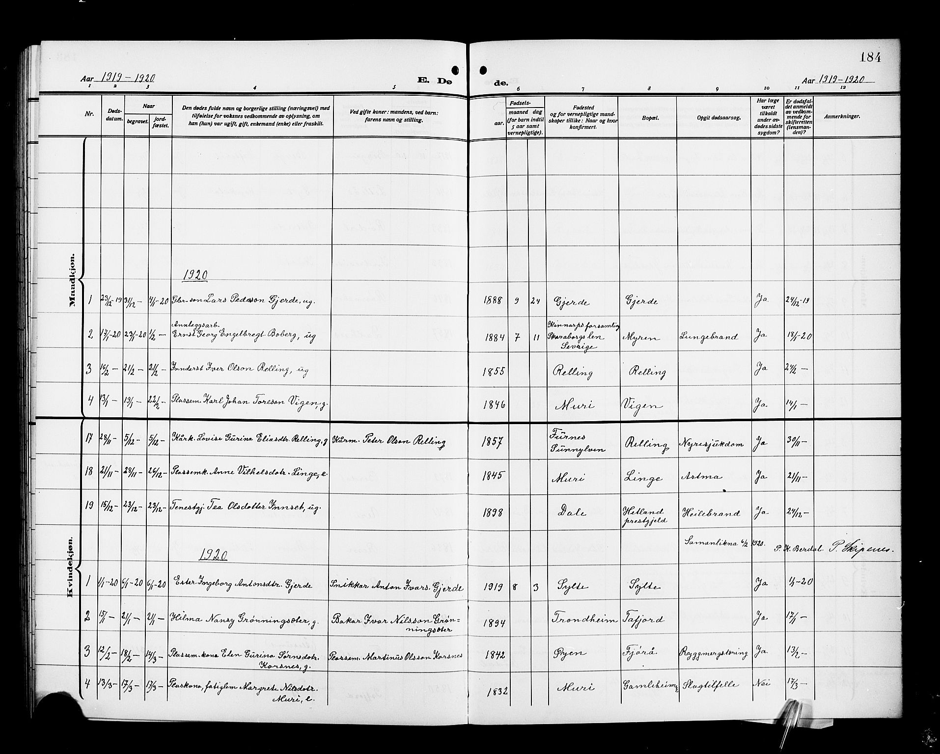Ministerialprotokoller, klokkerbøker og fødselsregistre - Møre og Romsdal, SAT/A-1454/519/L0265: Parish register (copy) no. 519C06, 1911-1921, p. 184