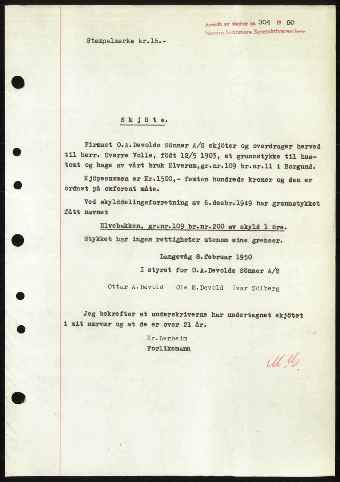 Nordre Sunnmøre sorenskriveri, AV/SAT-A-0006/1/2/2C/2Ca: Mortgage book no. A33, 1949-1950, Diary no: : 304/1950