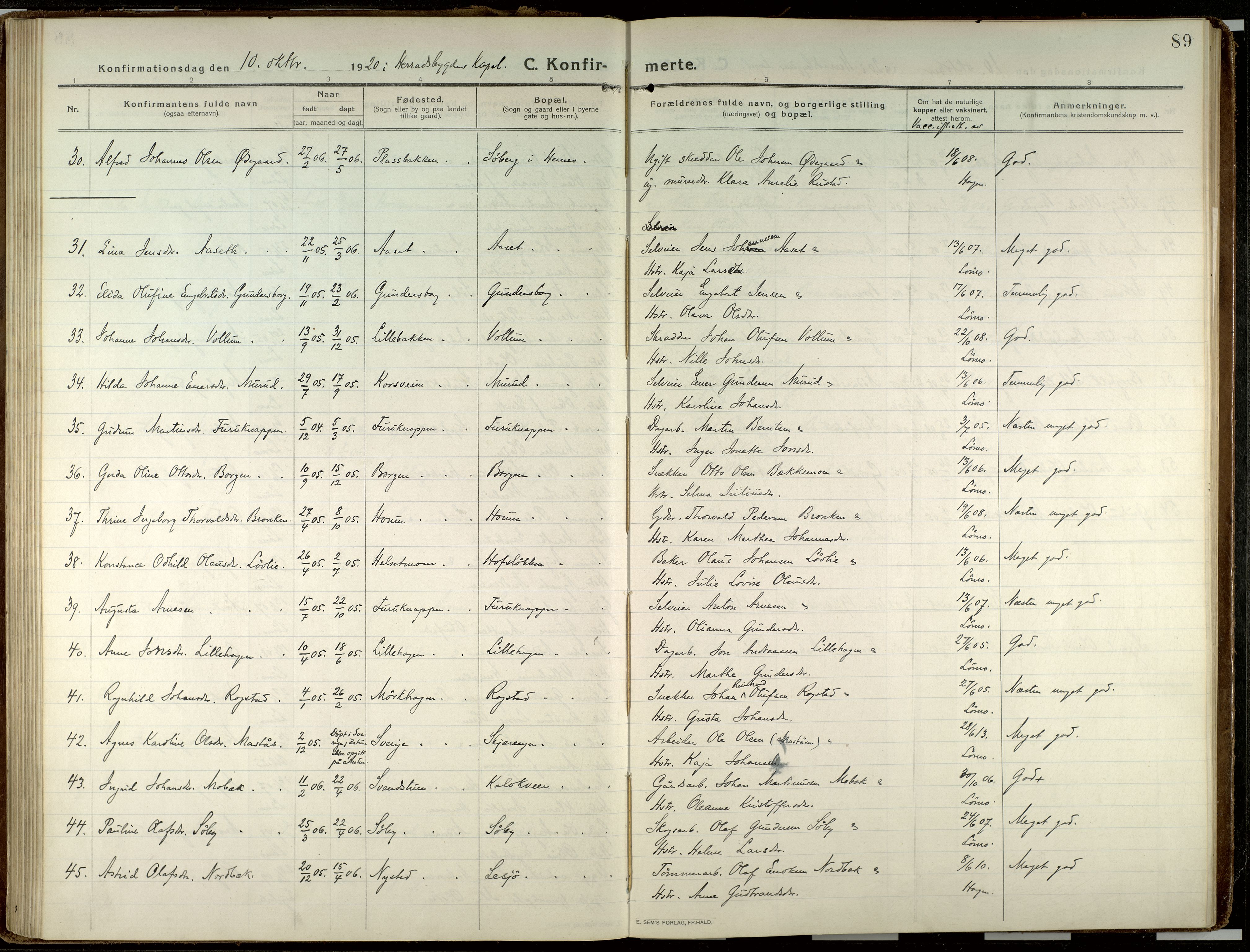 Elverum prestekontor, AV/SAH-PREST-044/H/Ha/Haa/L0023: Parish register (official) no. 23, 1914-1929, p. 89