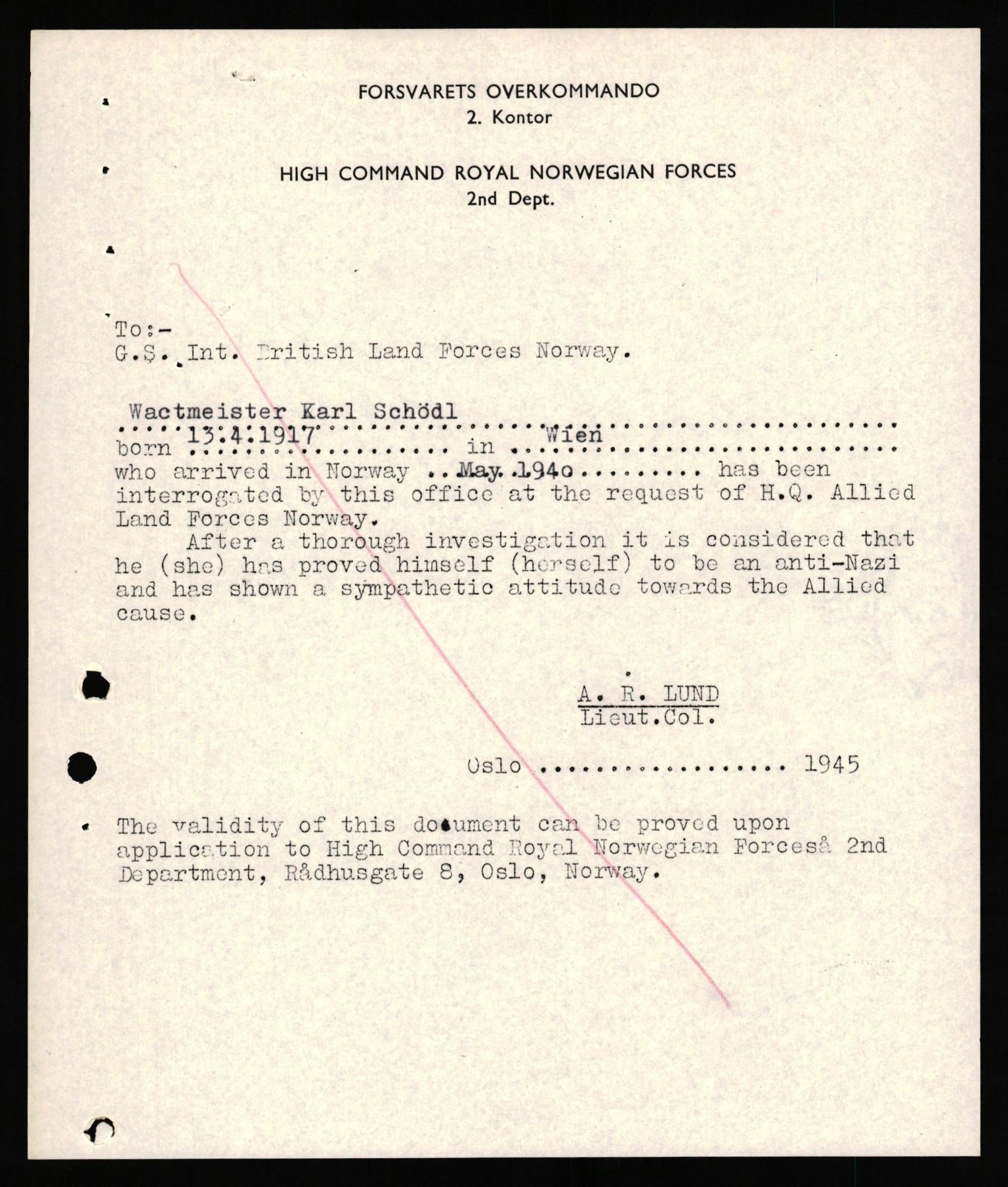 Forsvaret, Forsvarets overkommando II, AV/RA-RAFA-3915/D/Db/L0040: CI Questionaires. Tyske okkupasjonsstyrker i Norge. Østerrikere., 1945-1946, p. 199