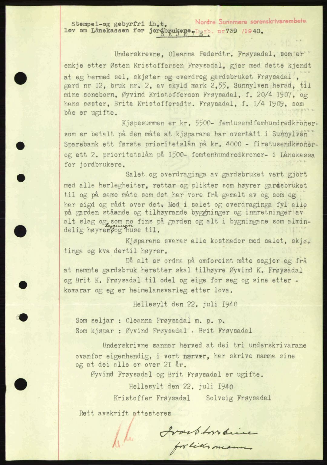 Nordre Sunnmøre sorenskriveri, AV/SAT-A-0006/1/2/2C/2Ca: Mortgage book no. A9, 1940-1940, Diary no: : 739/1940