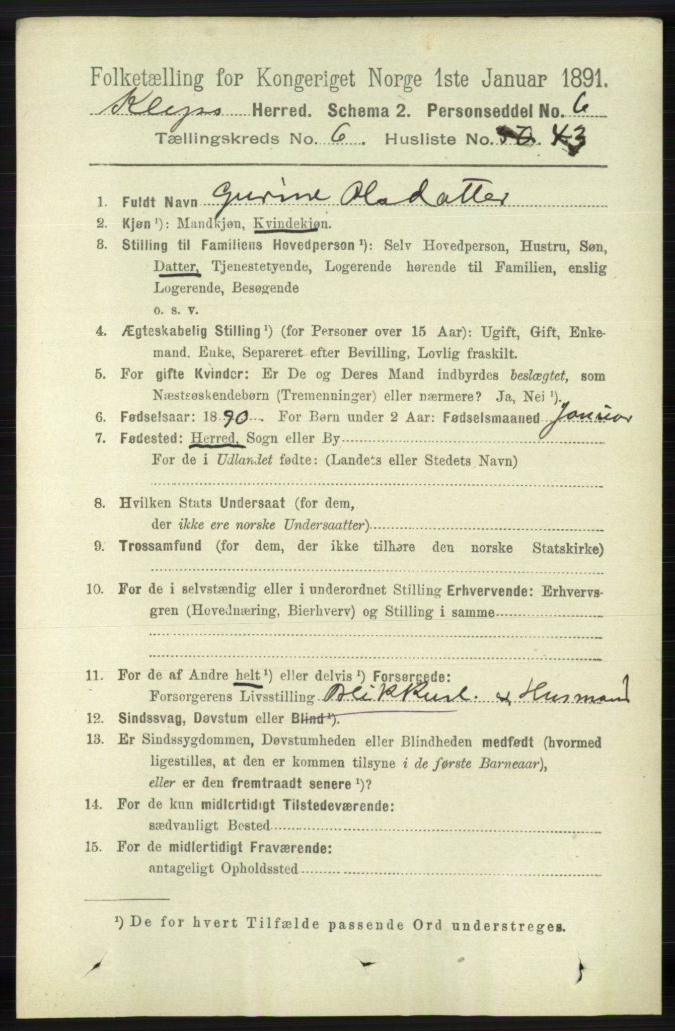 RA, 1891 census for 1120 Klepp, 1891, p. 1985