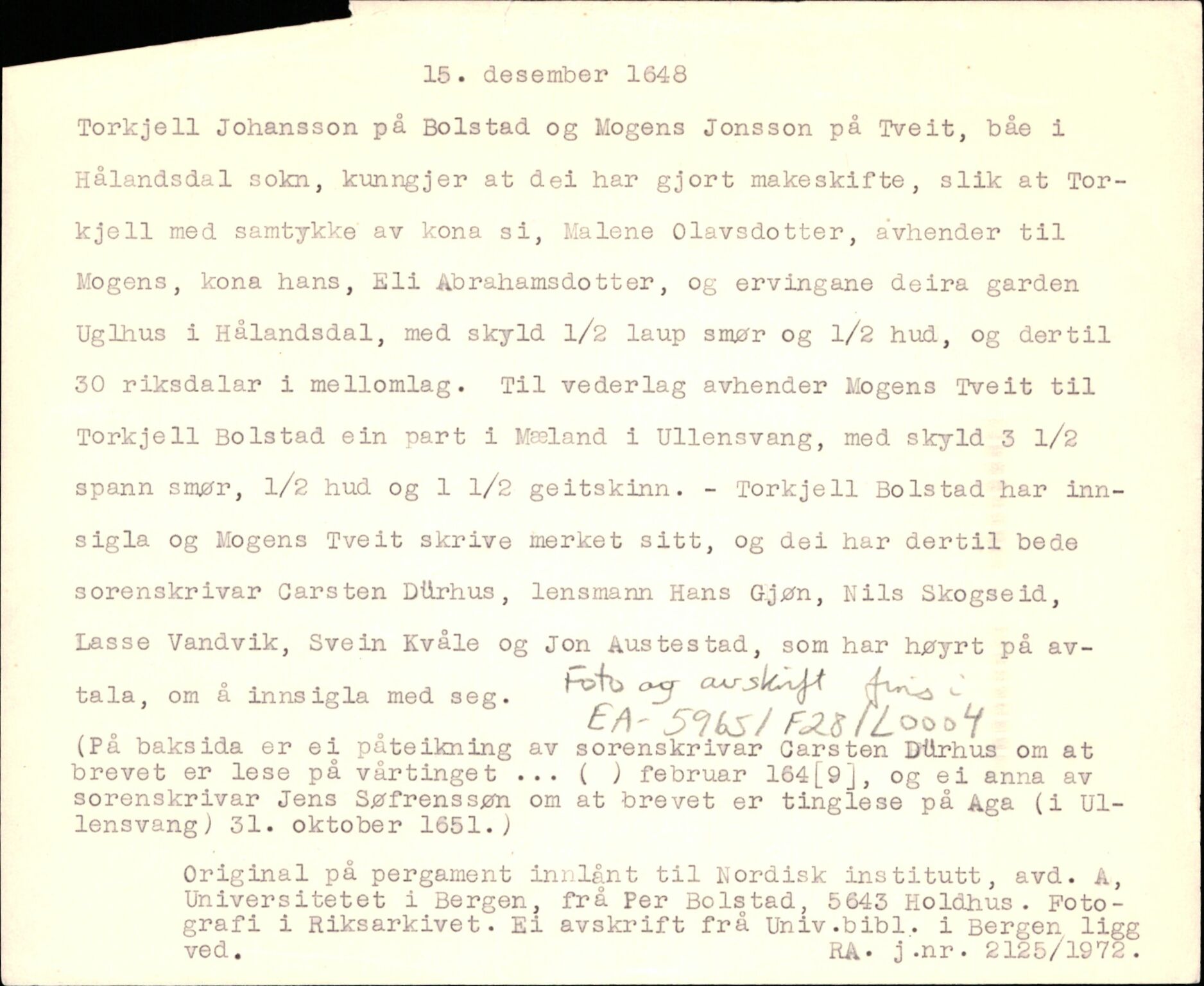 Riksarkivets diplomsamling, AV/RA-EA-5965/F35/F35d/L0004: Innlånte diplomer, seddelregister, 1643-1660, p. 191