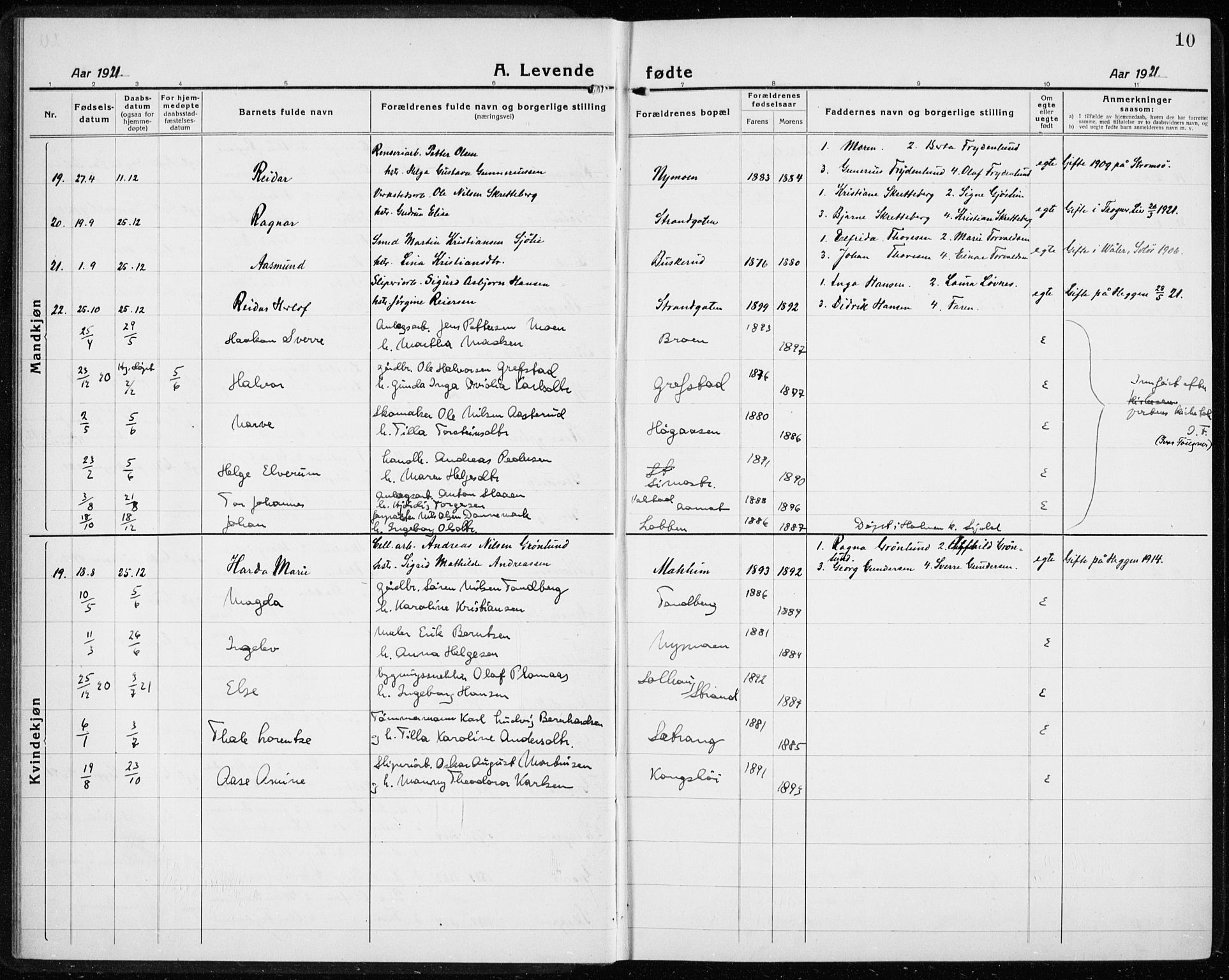 Modum kirkebøker, AV/SAKO-A-234/G/Gc/L0002: Parish register (copy) no. III 2, 1919-1935, p. 10