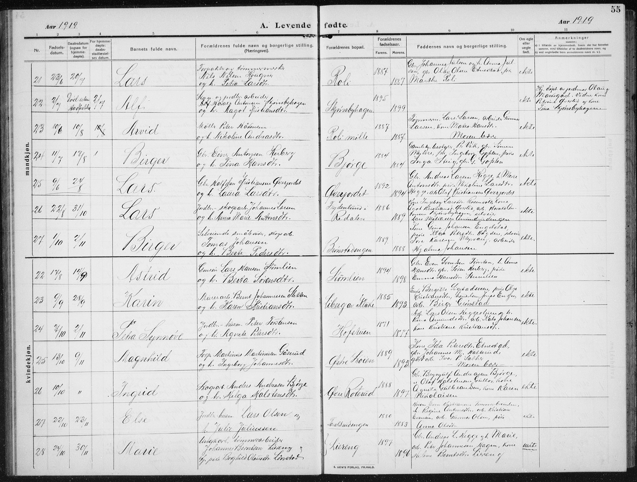 Biri prestekontor, SAH/PREST-096/H/Ha/Hab/L0006: Parish register (copy) no. 6, 1909-1938, p. 55