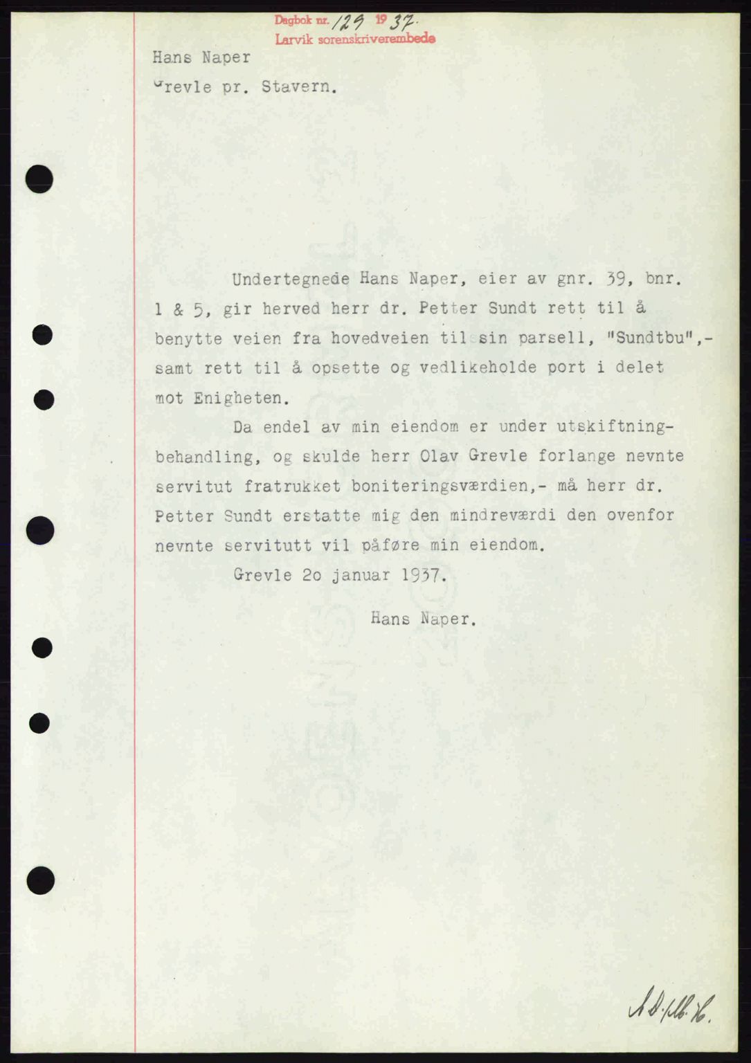 Larvik sorenskriveri, SAKO/A-83/G/Ga/Gab/L0067: Mortgage book no. A-1, 1936-1937, Diary no: : 129/1937