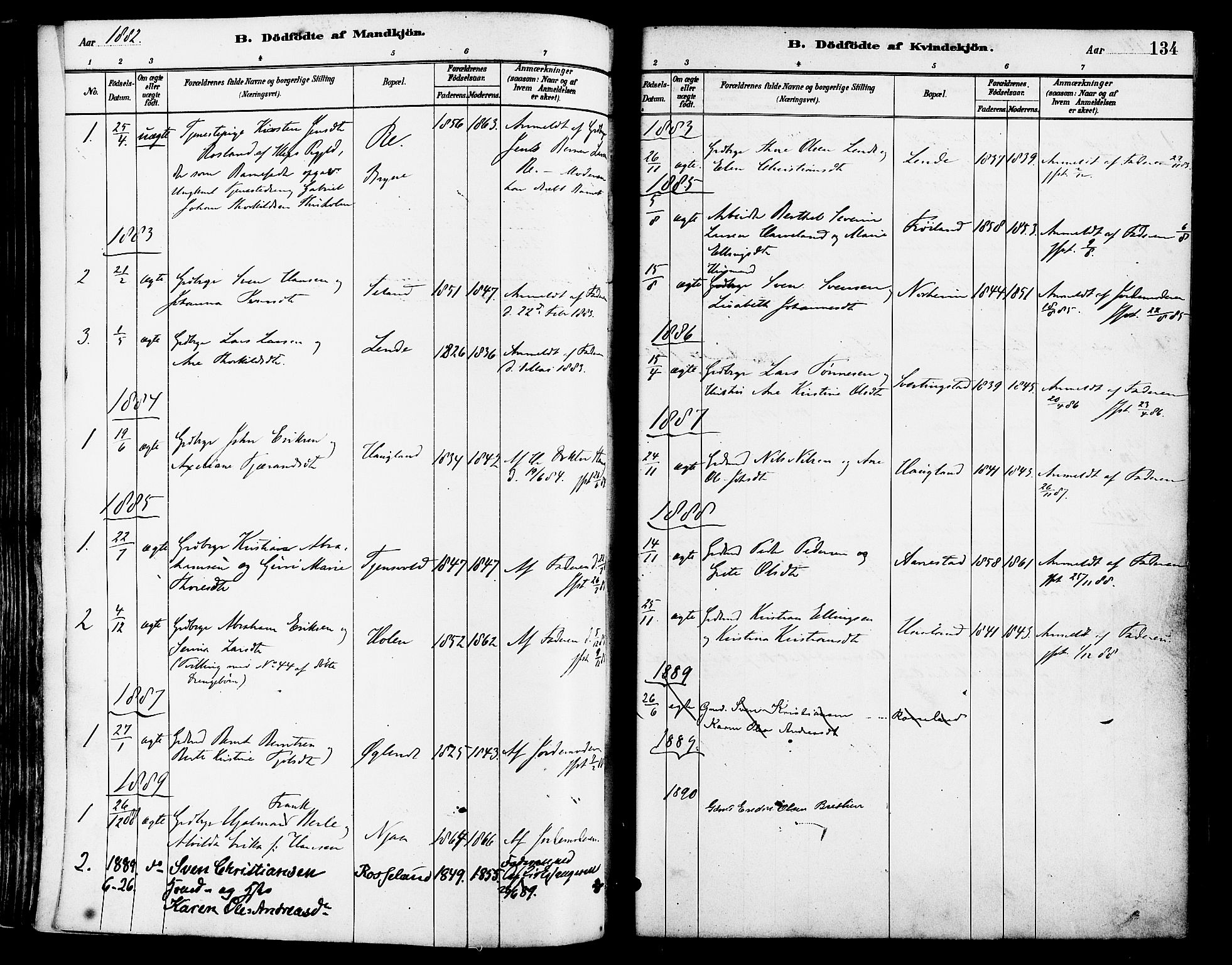 Lye sokneprestkontor, SAST/A-101794/001/30BA/L0009: Parish register (official) no. A 8, 1881-1892, p. 134