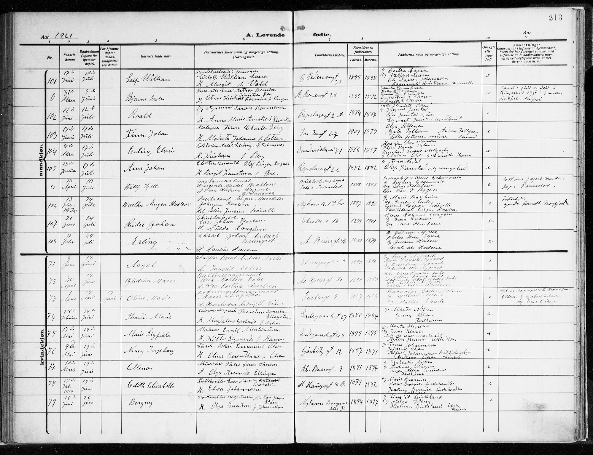 Sandviken Sokneprestembete, AV/SAB-A-77601/H/Ha/L0007: Parish register (official) no. B 4, 1912-1924, p. 213