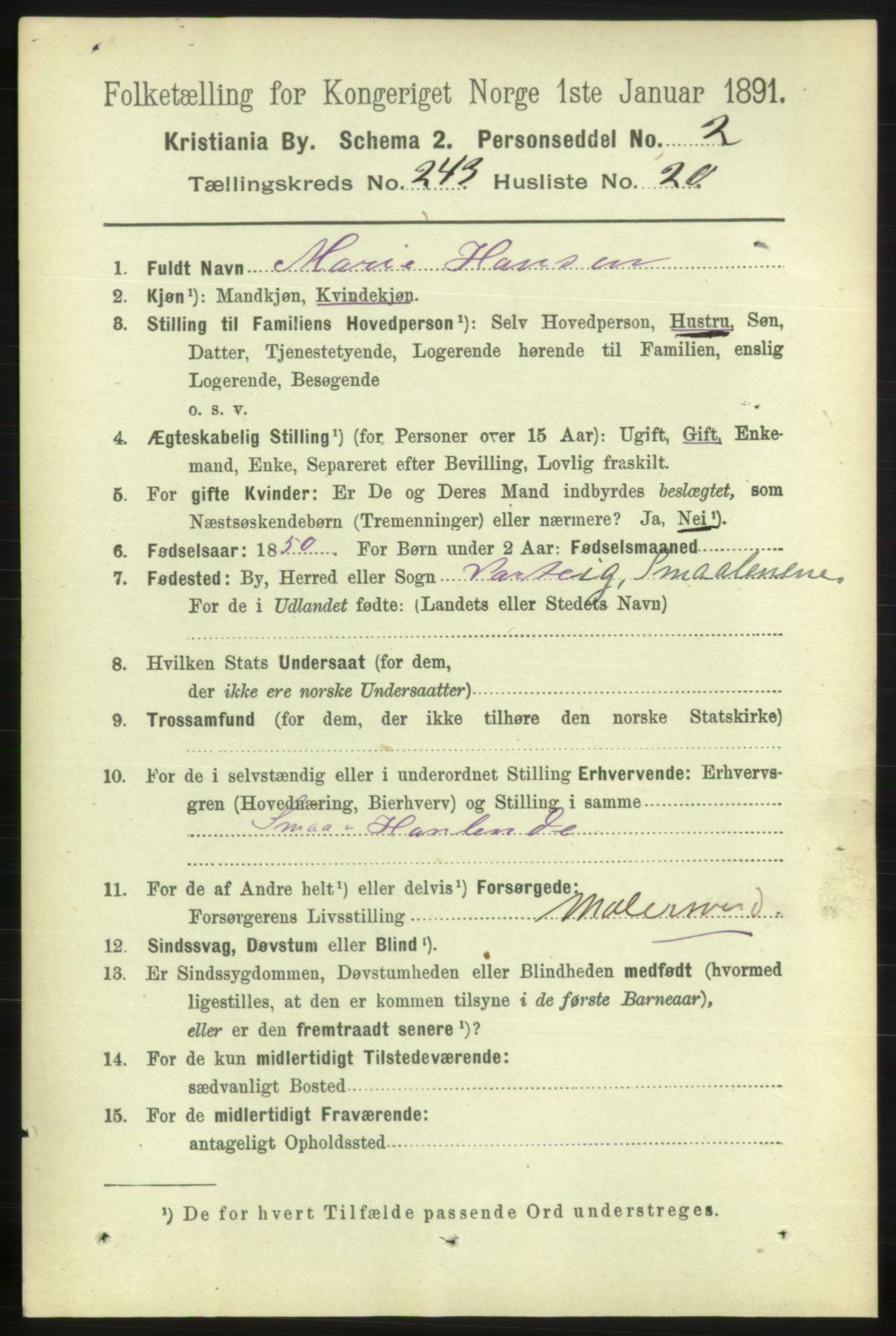 RA, 1891 census for 0301 Kristiania, 1891, p. 148250