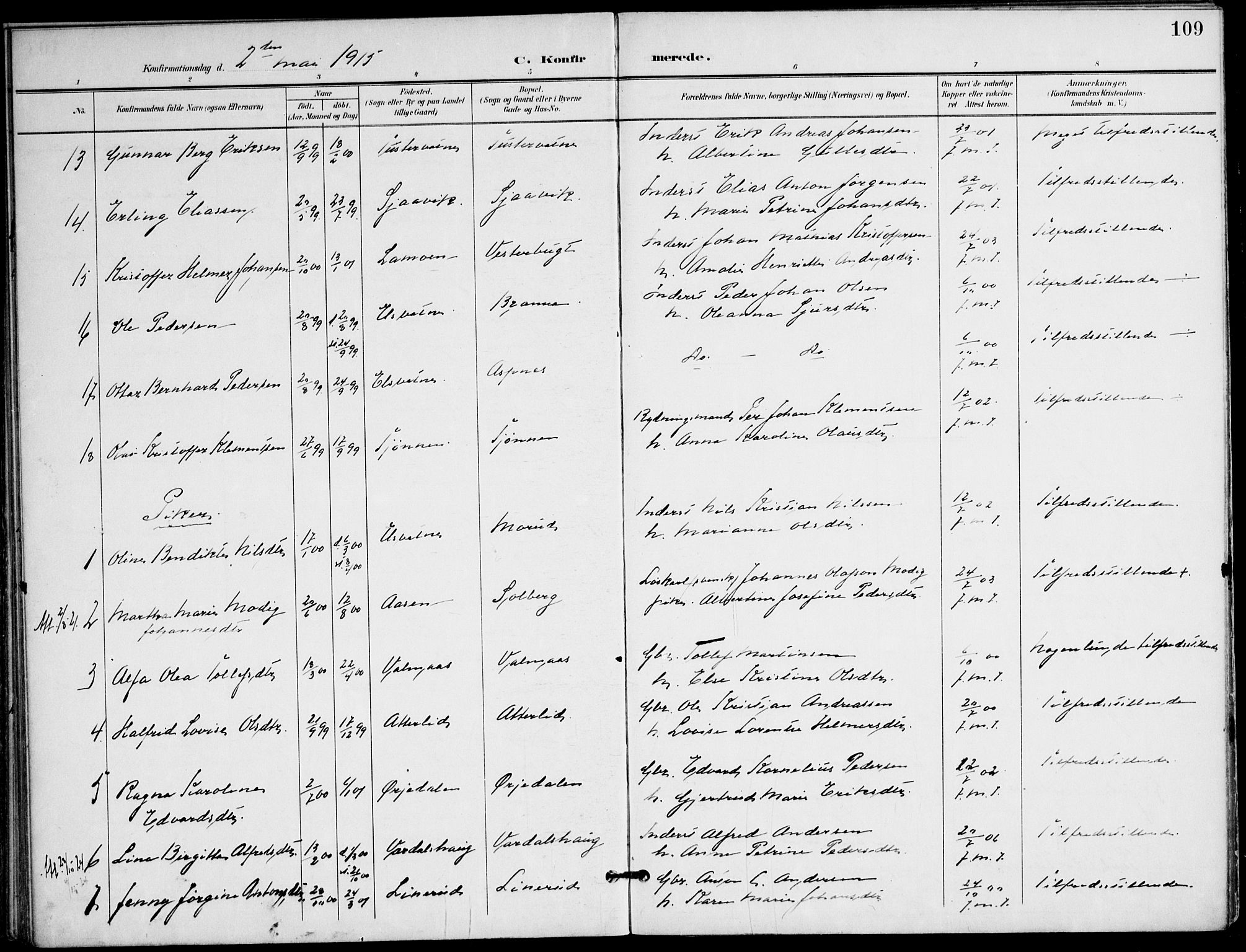 Ministerialprotokoller, klokkerbøker og fødselsregistre - Nordland, AV/SAT-A-1459/823/L0326: Parish register (official) no. 823A03, 1899-1919, p. 109