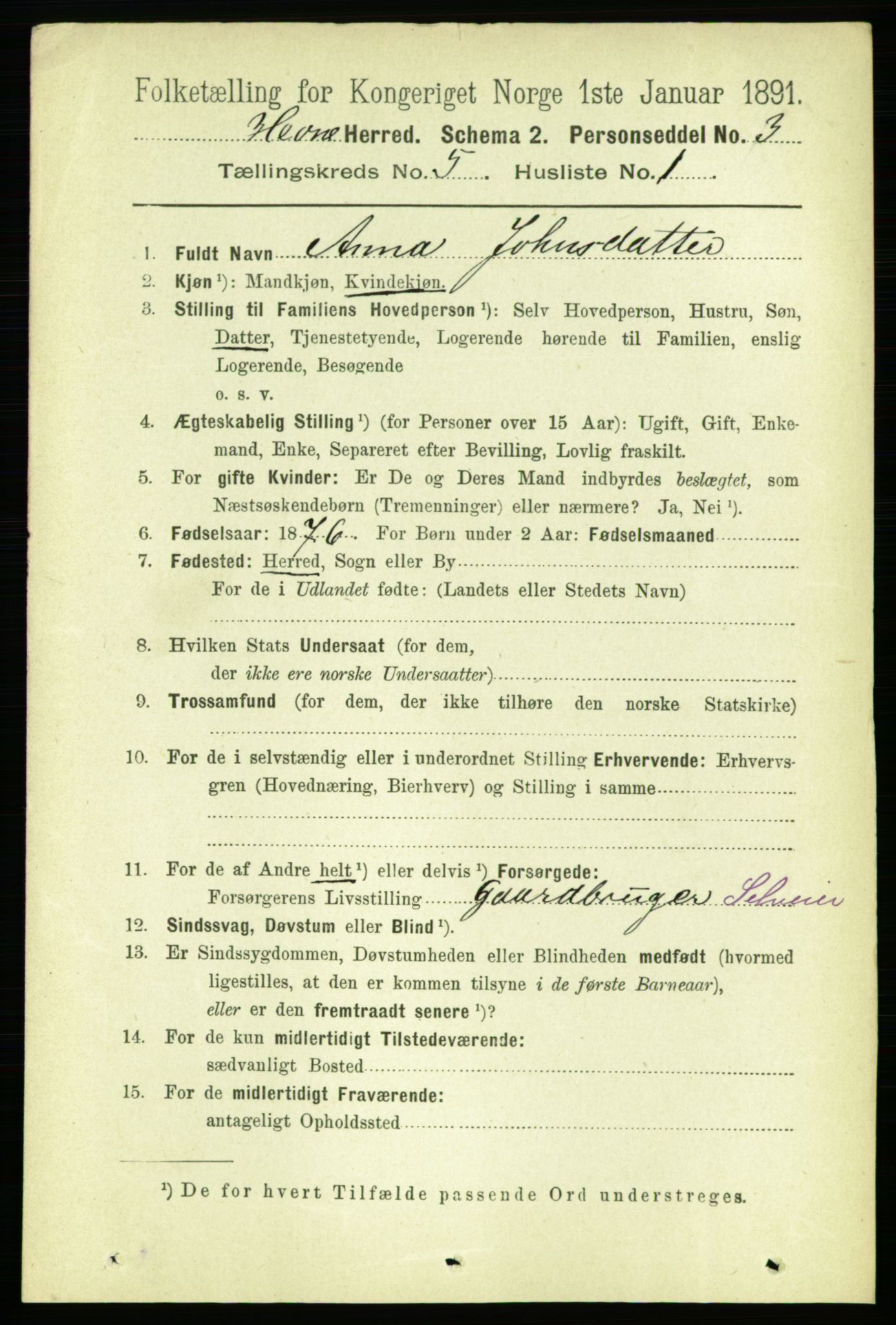 RA, 1891 census for 1612 Hemne, 1891, p. 2482