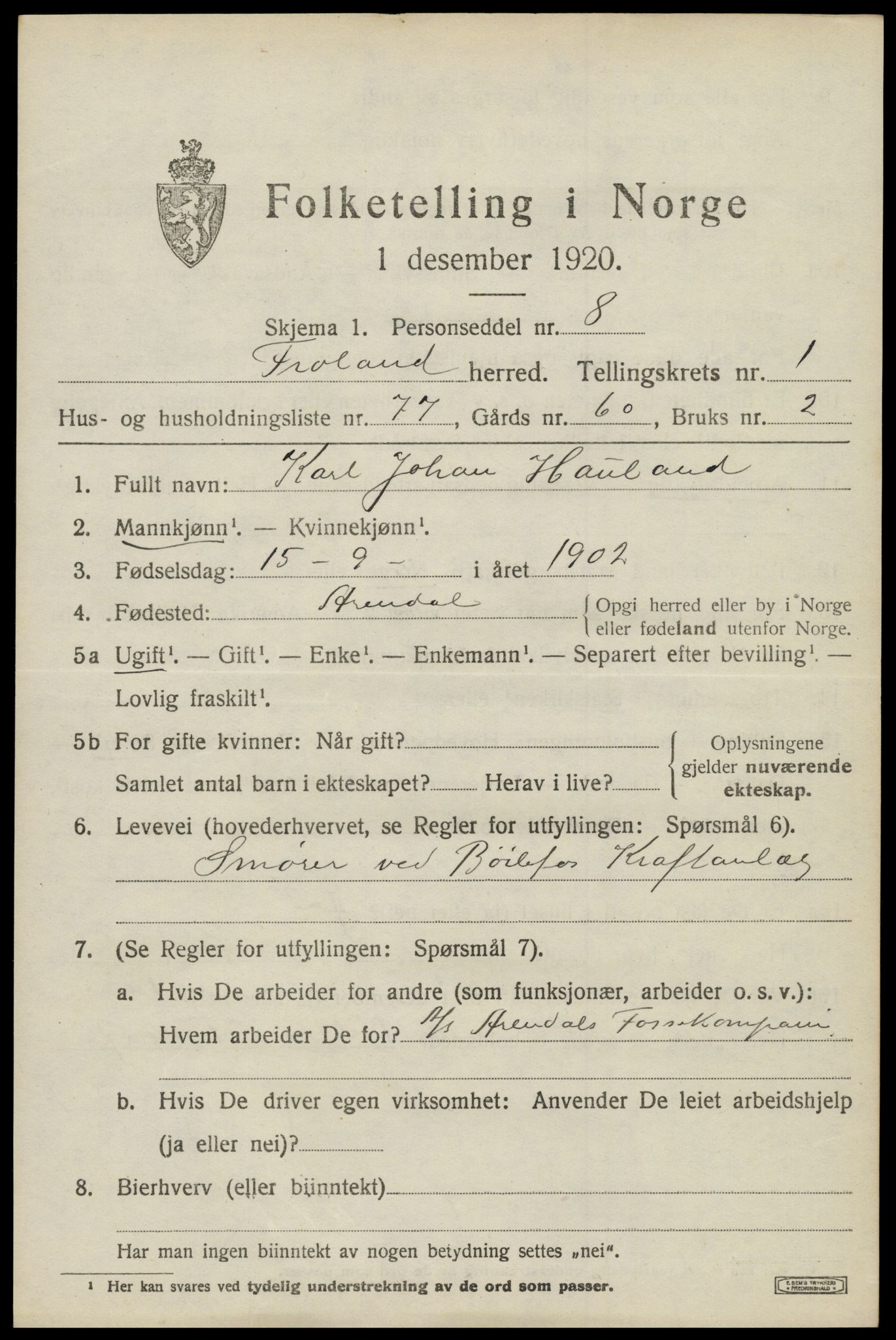 SAK, 1920 census for Froland, 1920, p. 1867