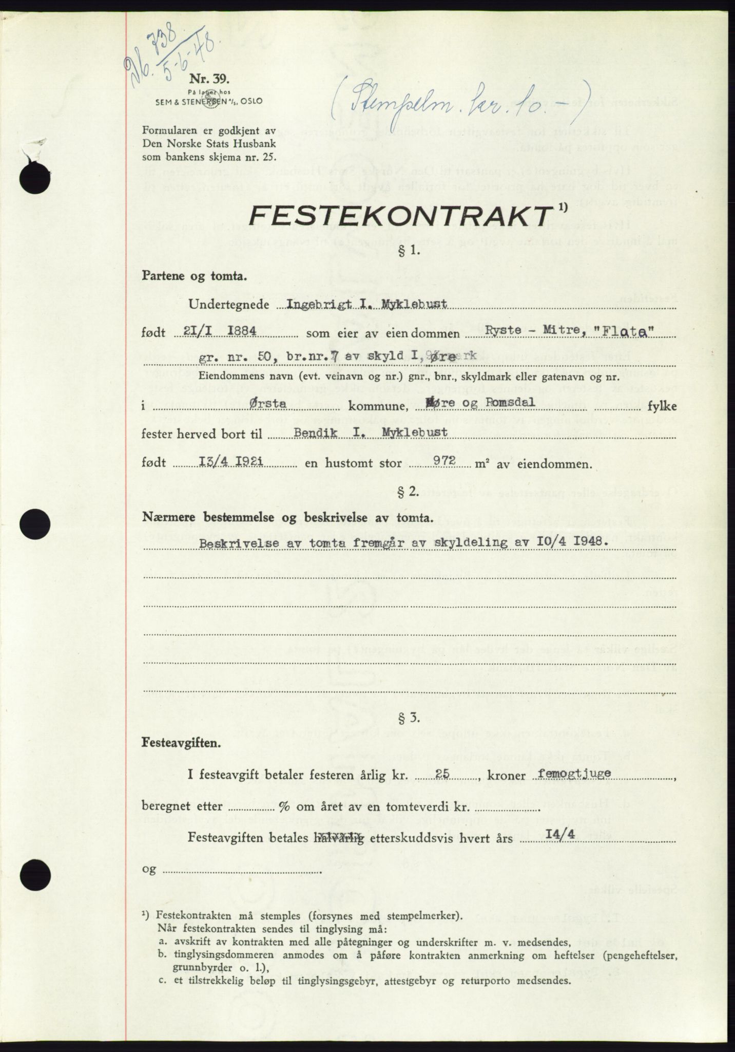 Søre Sunnmøre sorenskriveri, AV/SAT-A-4122/1/2/2C/L0082: Mortgage book no. 8A, 1948-1948, Diary no: : 738/1948