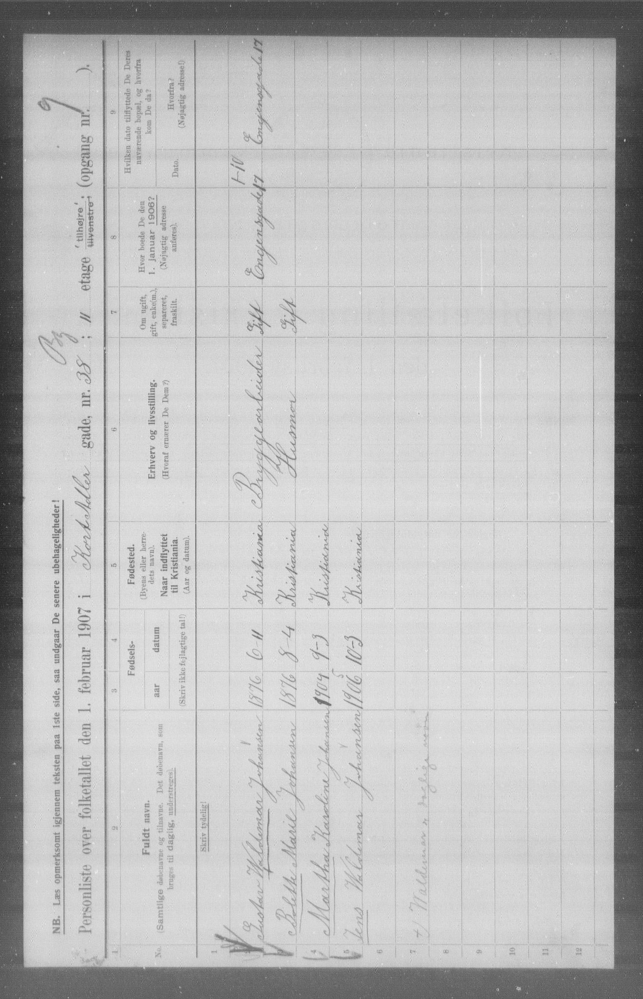 OBA, Municipal Census 1907 for Kristiania, 1907, p. 7121