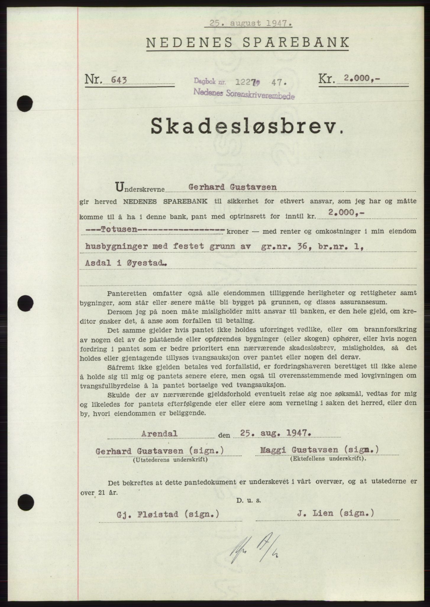 Nedenes sorenskriveri, AV/SAK-1221-0006/G/Gb/Gbb/L0004: Mortgage book no. B4, 1947-1947, Diary no: : 1227/1947