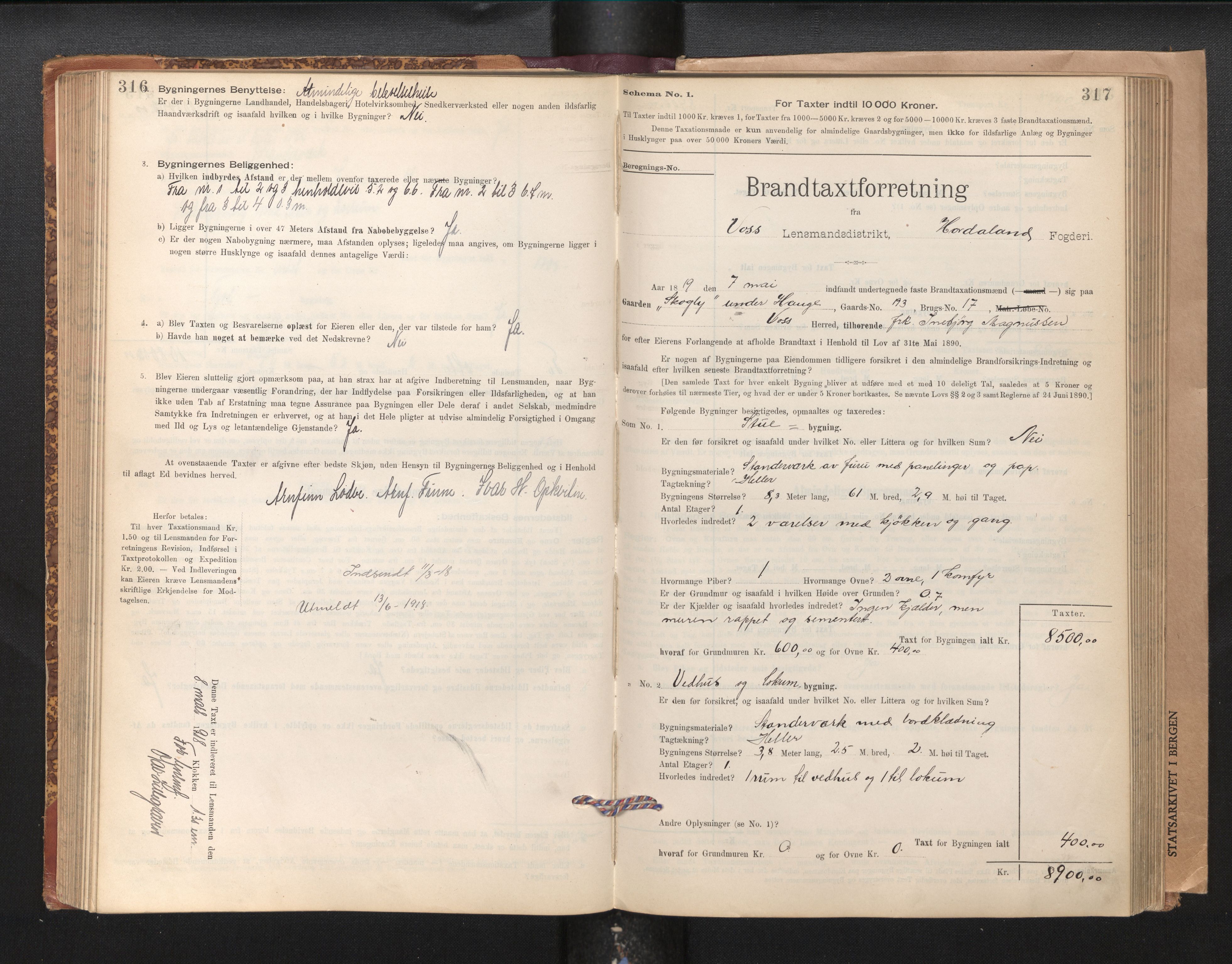 Lensmannen i Voss, AV/SAB-A-35801/0012/L0008: Branntakstprotokoll, skjematakst, 1895-1945, p. 316-317