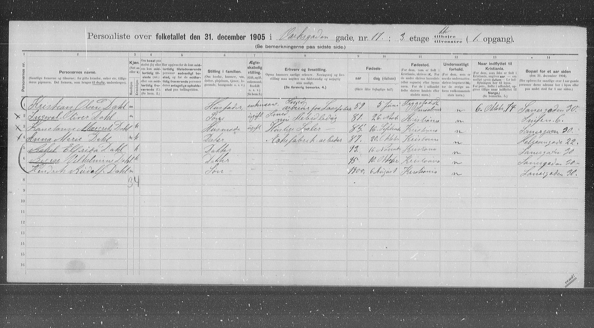 OBA, Municipal Census 1905 for Kristiania, 1905, p. 64990