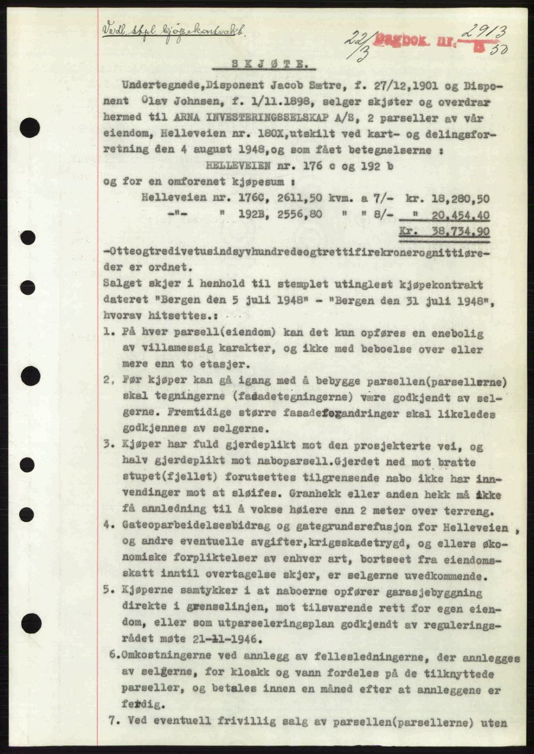 Byfogd og Byskriver i Bergen, AV/SAB-A-3401/03/03Bc/L0032: Mortgage book no. A26, 1950-1950, Diary no: : 2913/1950