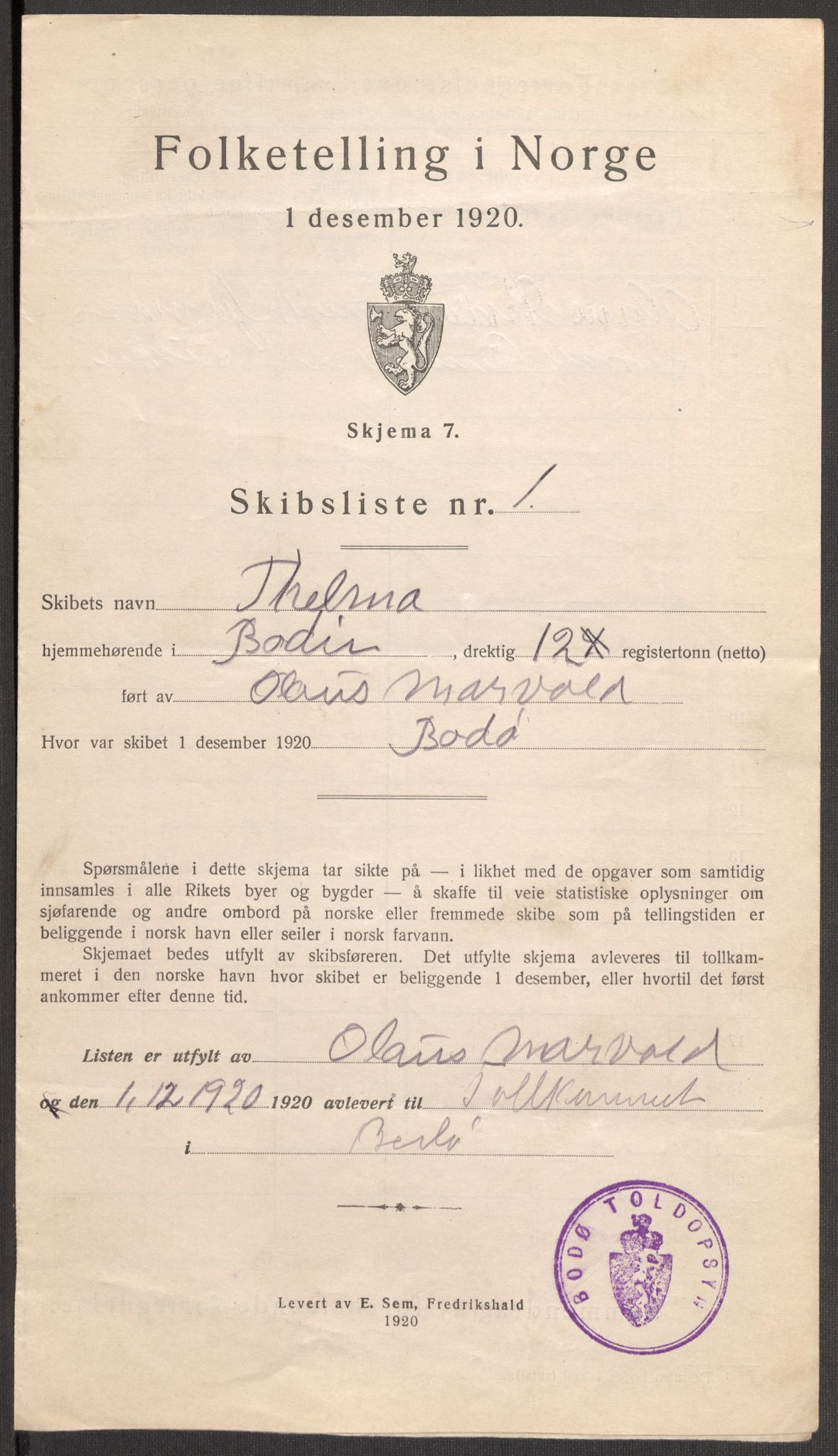 SAT, 1920 census for Bodø, 1920, p. 13330