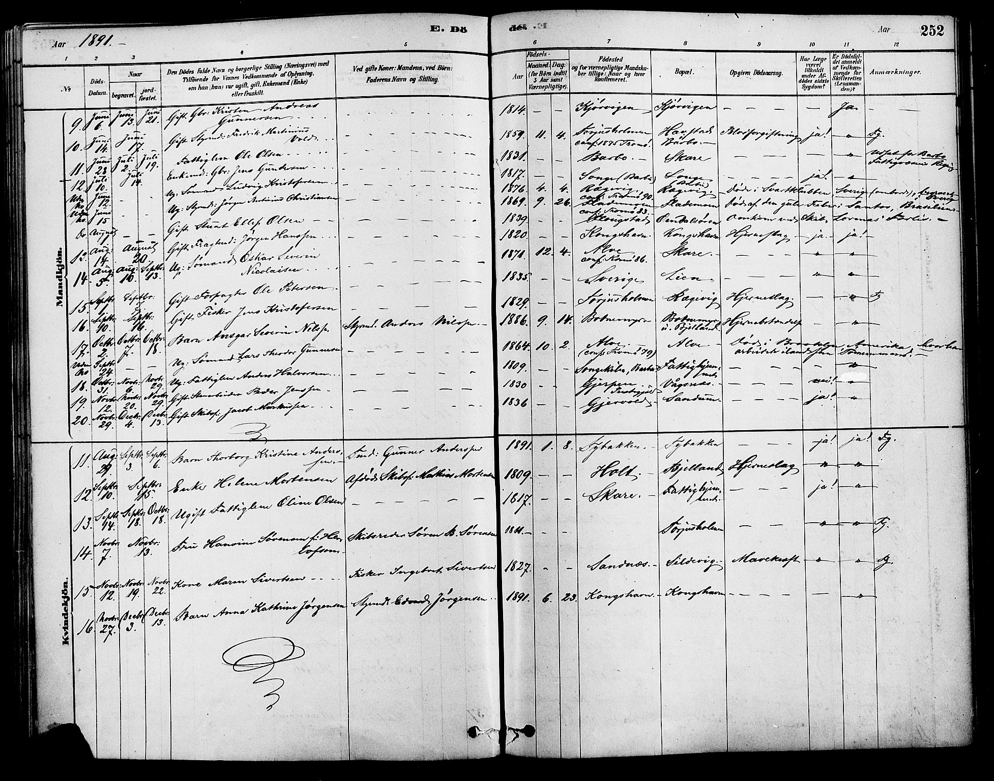 Tromøy sokneprestkontor, AV/SAK-1111-0041/F/Fa/L0009: Parish register (official) no. A 9, 1878-1896, p. 252