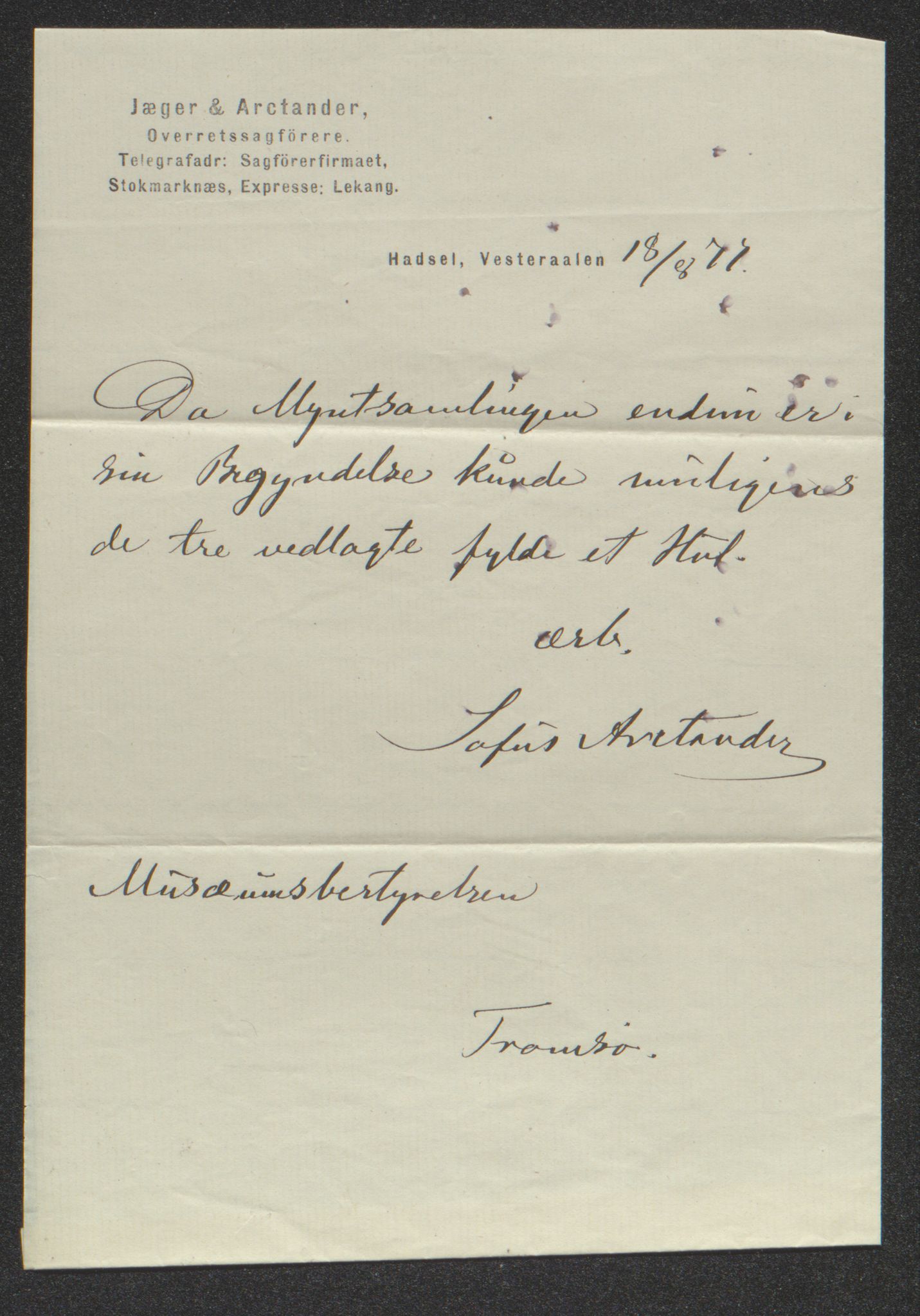 Tromsø Museum, AV/SATØ-S-0162/D/Db/L0032: Journalsaker og innkomne brev, 1872-1878, p. 420