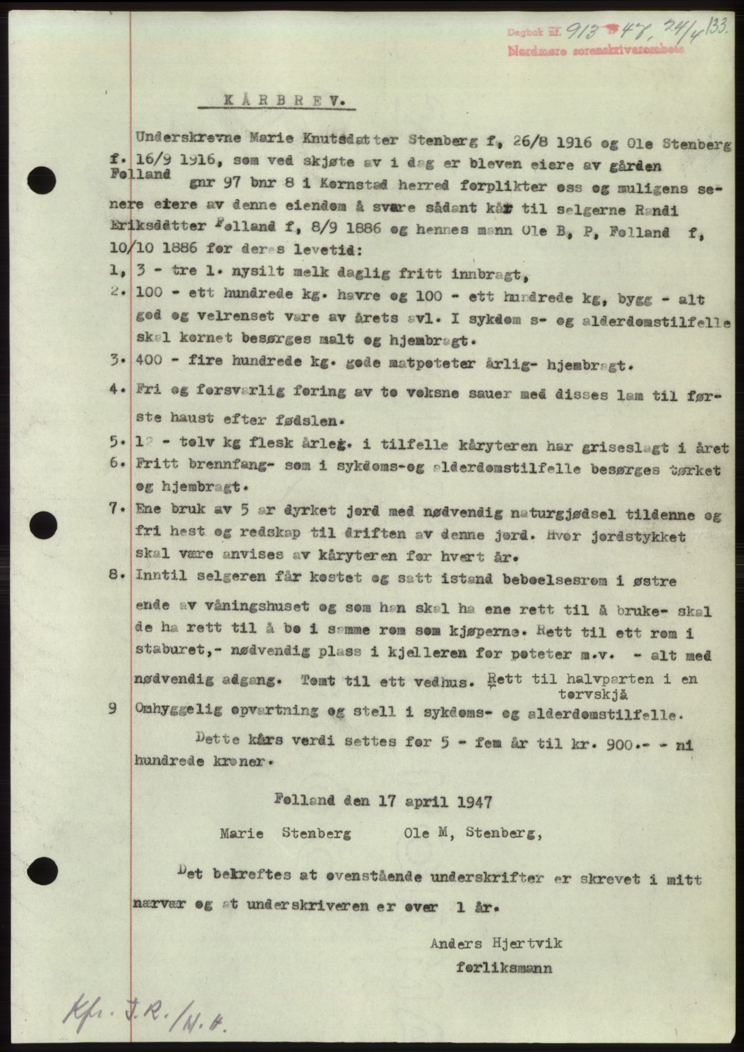 Nordmøre sorenskriveri, AV/SAT-A-4132/1/2/2Ca: Mortgage book no. B96, 1947-1947, Diary no: : 913/1947