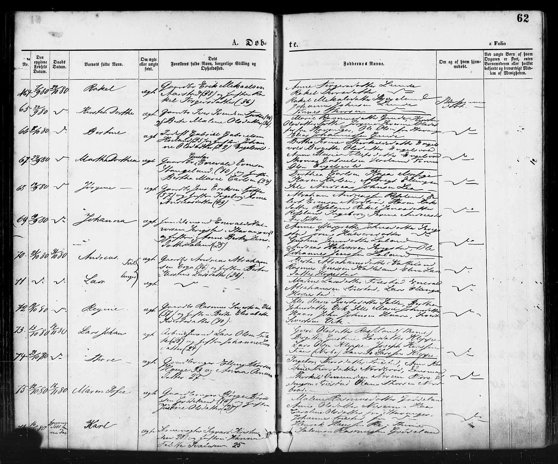 Klepp sokneprestkontor, AV/SAST-A-101803/001/3/30BA/L0006: Parish register (official) no. A 6, 1871-1885, p. 62