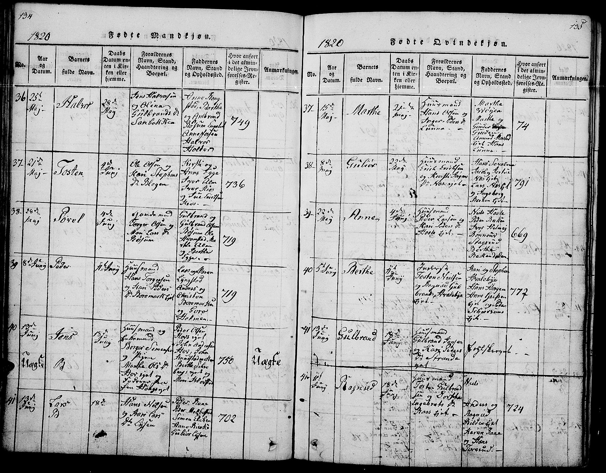 Gran prestekontor, AV/SAH-PREST-112/H/Ha/Hab/L0001: Parish register (copy) no. 1, 1815-1824, p. 134-135