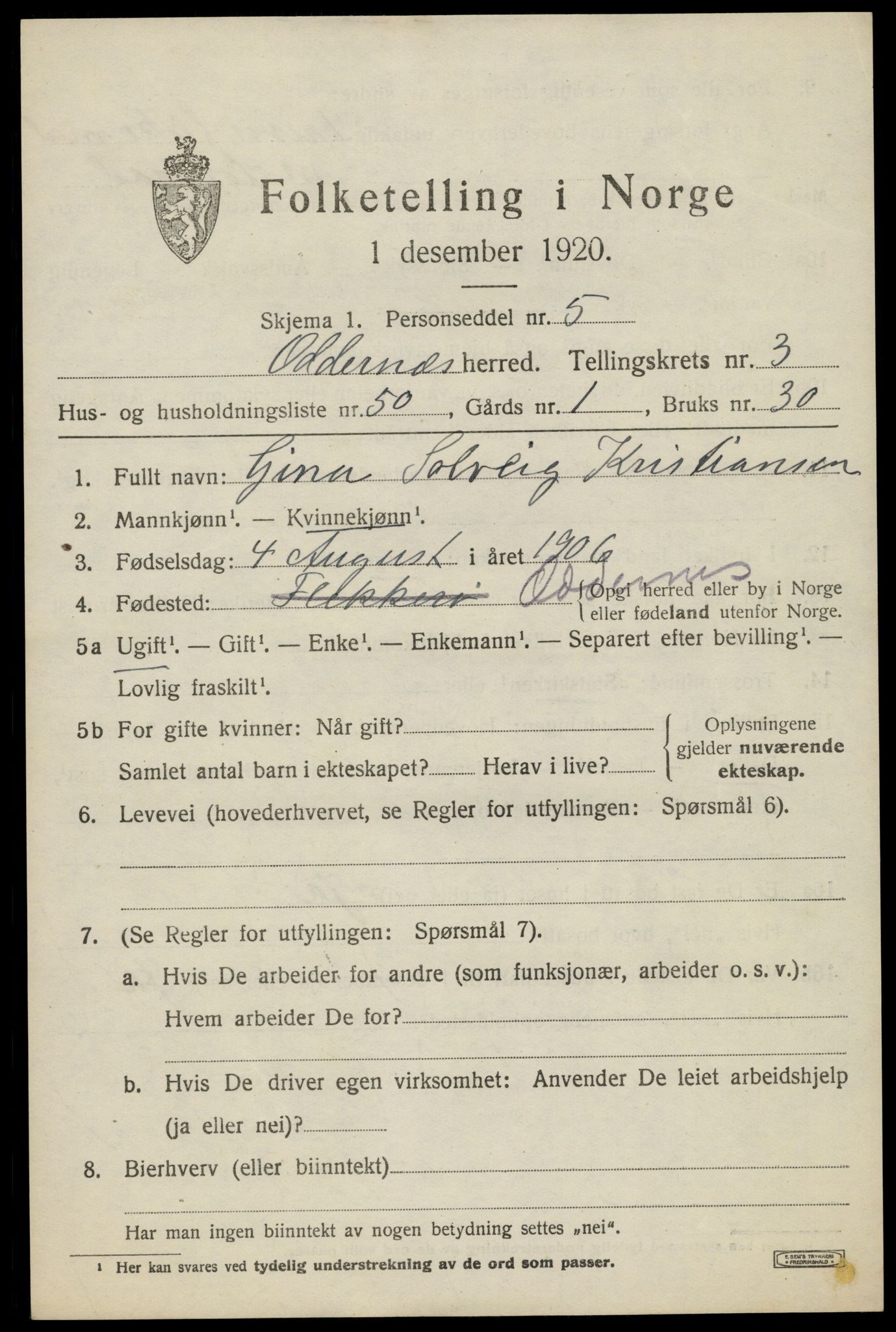 SAK, 1920 census for Oddernes, 1920, p. 3901