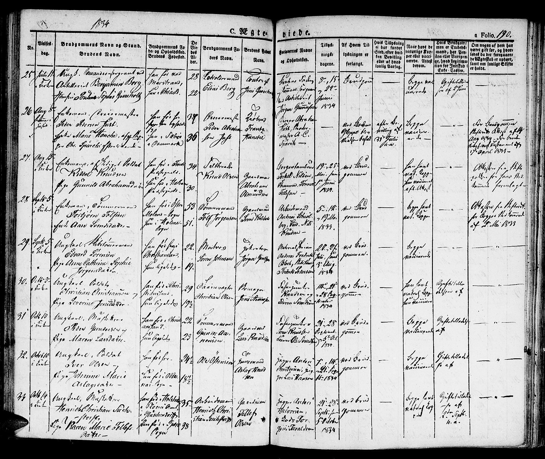 Kristiansand domprosti, SAK/1112-0006/F/Fb/L0007: Parish register (copy) no. B 7, 1829-1837, p. 190