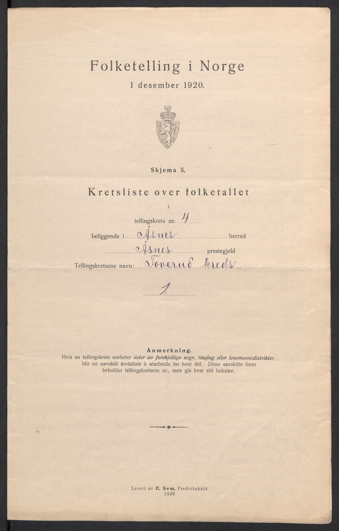 SAH, 1920 census for Åsnes, 1920, p. 15