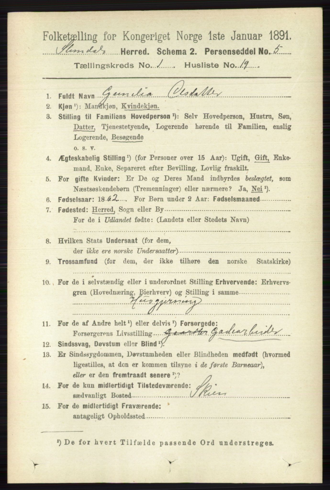 RA, 1891 census for 0811 Slemdal, 1891, p. 168