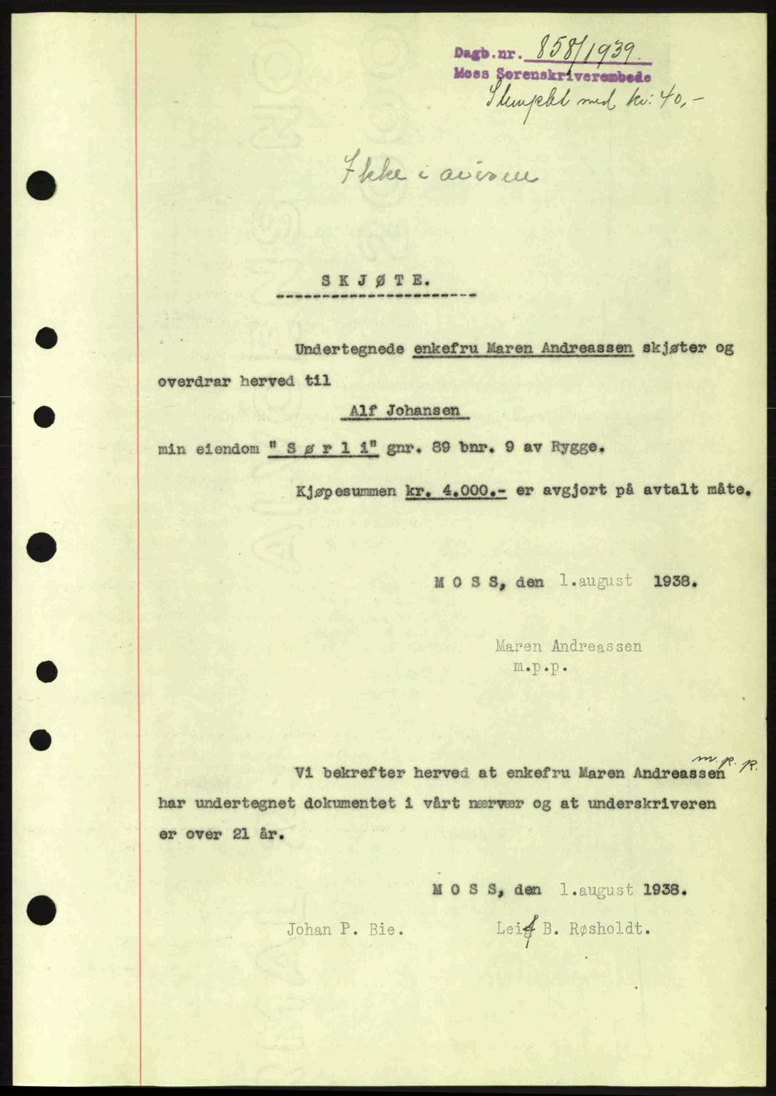 Moss sorenskriveri, SAO/A-10168: Mortgage book no. A5, 1938-1939, Diary no: : 858/1939