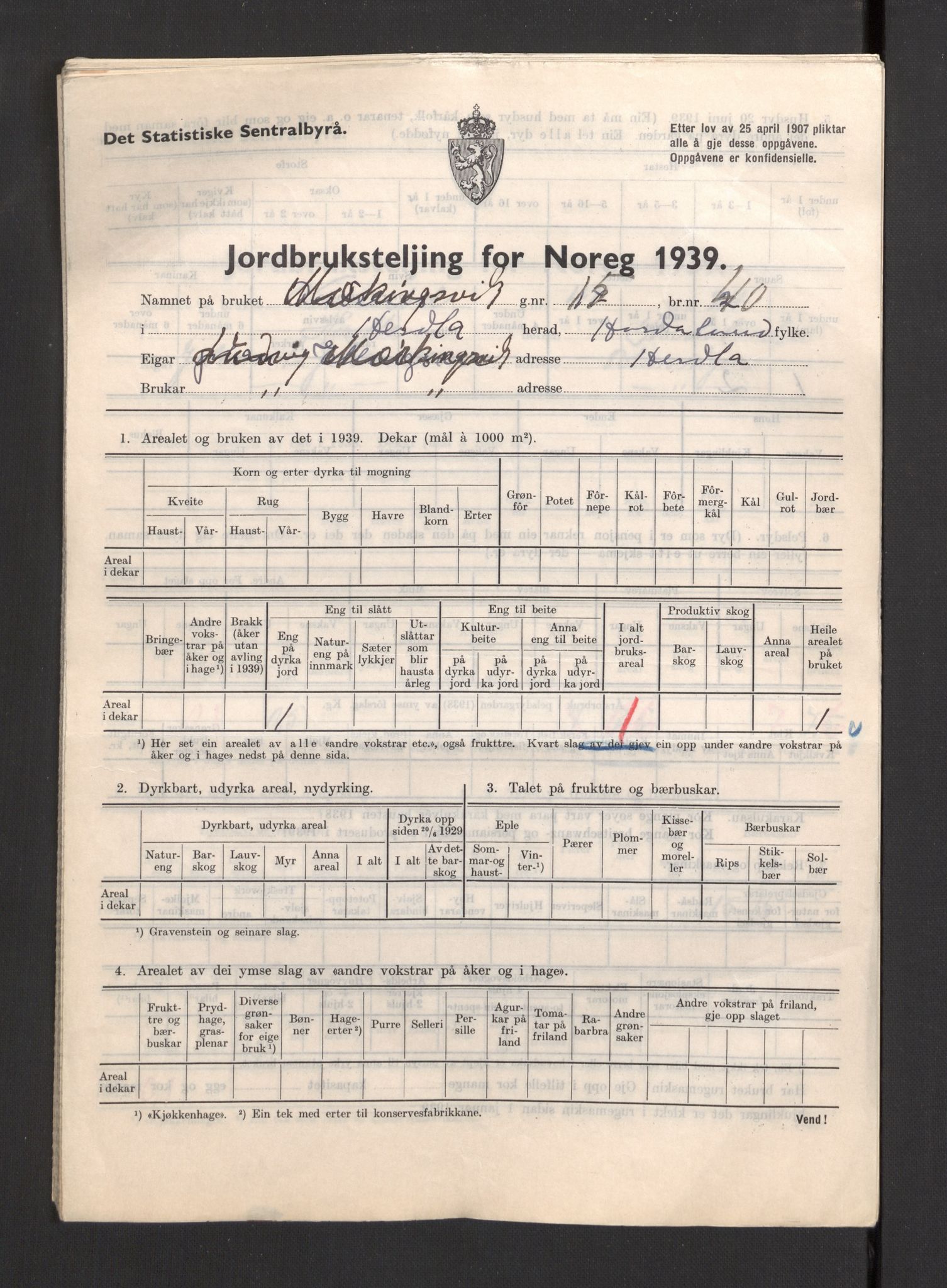 Statistisk sentralbyrå, Næringsøkonomiske emner, Jordbruk, skogbruk, jakt, fiske og fangst, AV/RA-S-2234/G/Gb/L0211: Hordaland: Herdla, Hjelme og Manger, 1939, p. 13