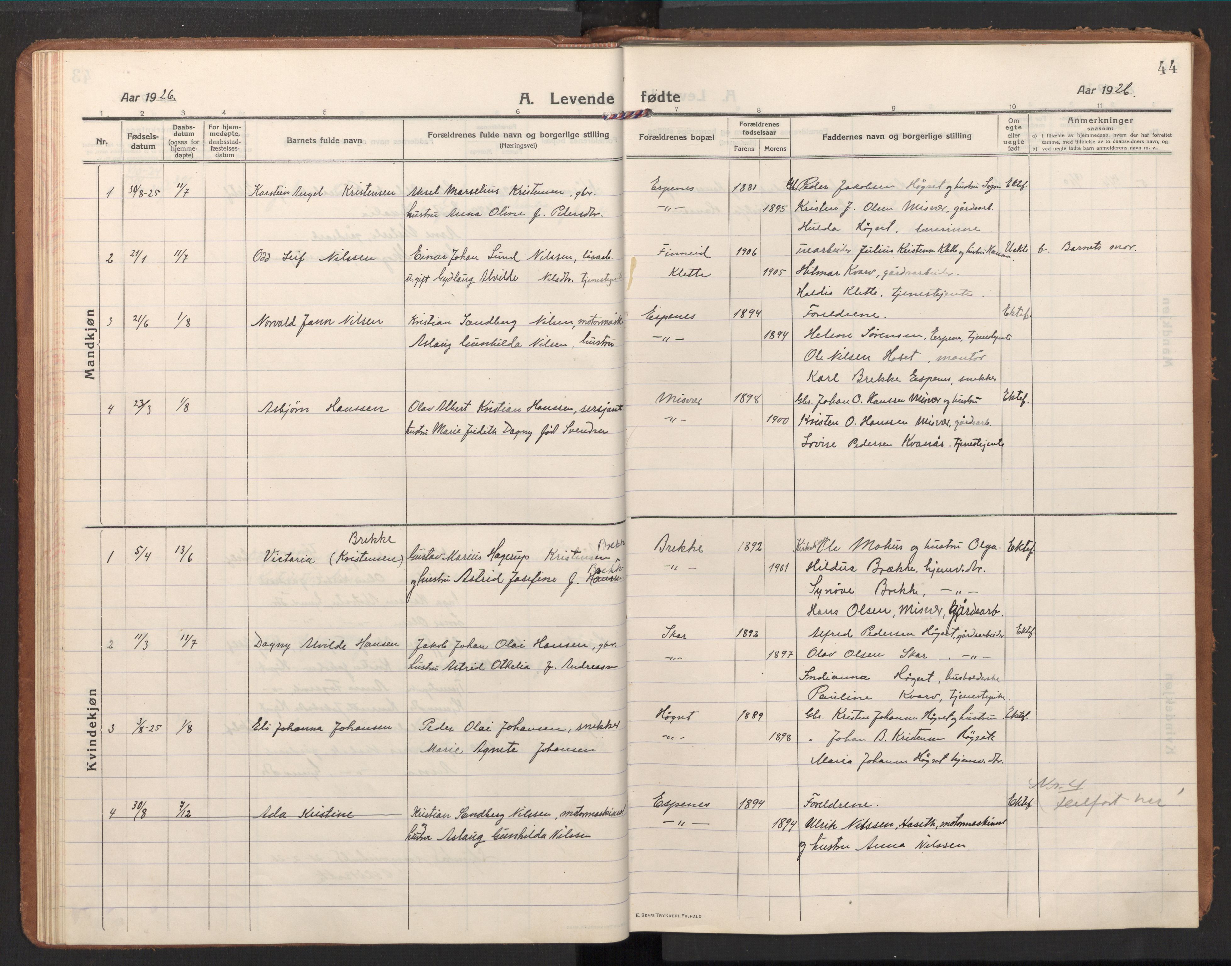 Ministerialprotokoller, klokkerbøker og fødselsregistre - Nordland, AV/SAT-A-1459/848/L0688: Parish register (official) no. 848A01, 1913-1935, p. 44