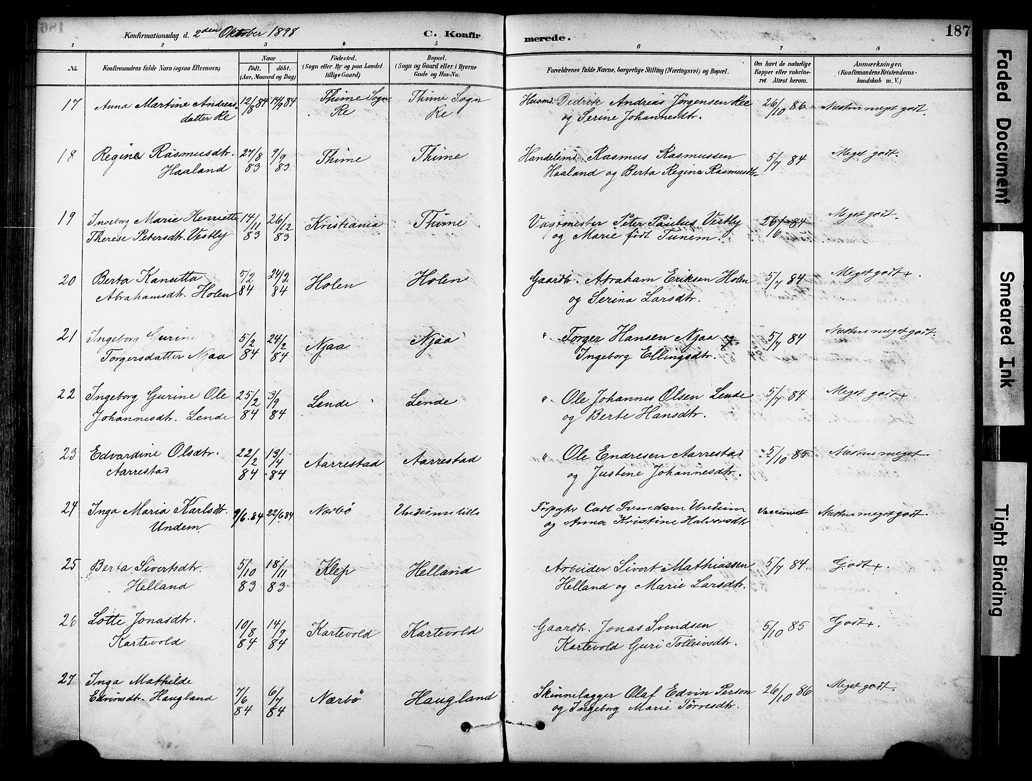 Lye sokneprestkontor, AV/SAST-A-101794/001/30BA/L0011: Parish register (official) no. A 9, 1893-1903, p. 187