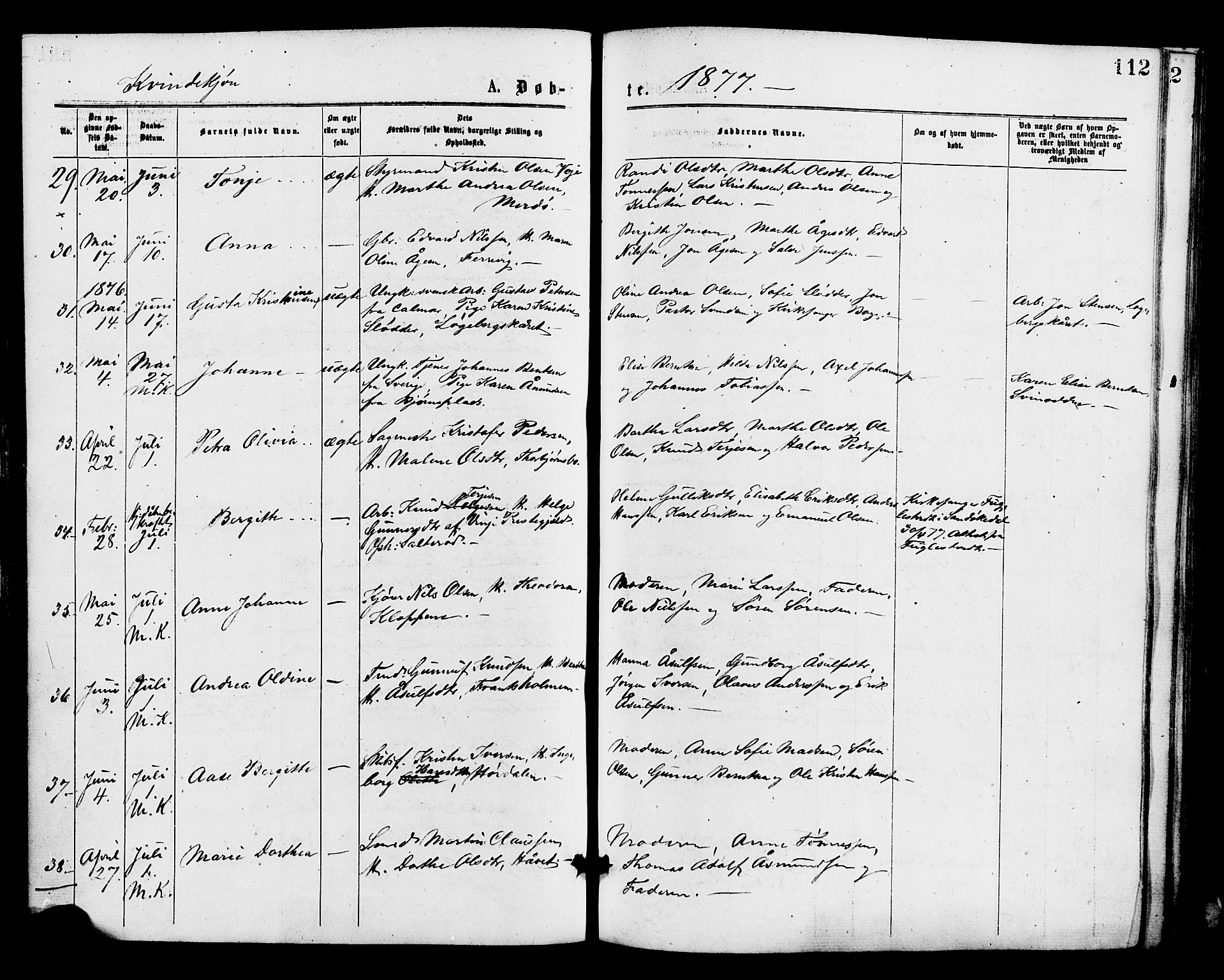 Barbu sokneprestkontor, AV/SAK-1111-0003/F/Fa/L0001: Parish register (official) no. A 1 /2, 1877-1877, p. 112