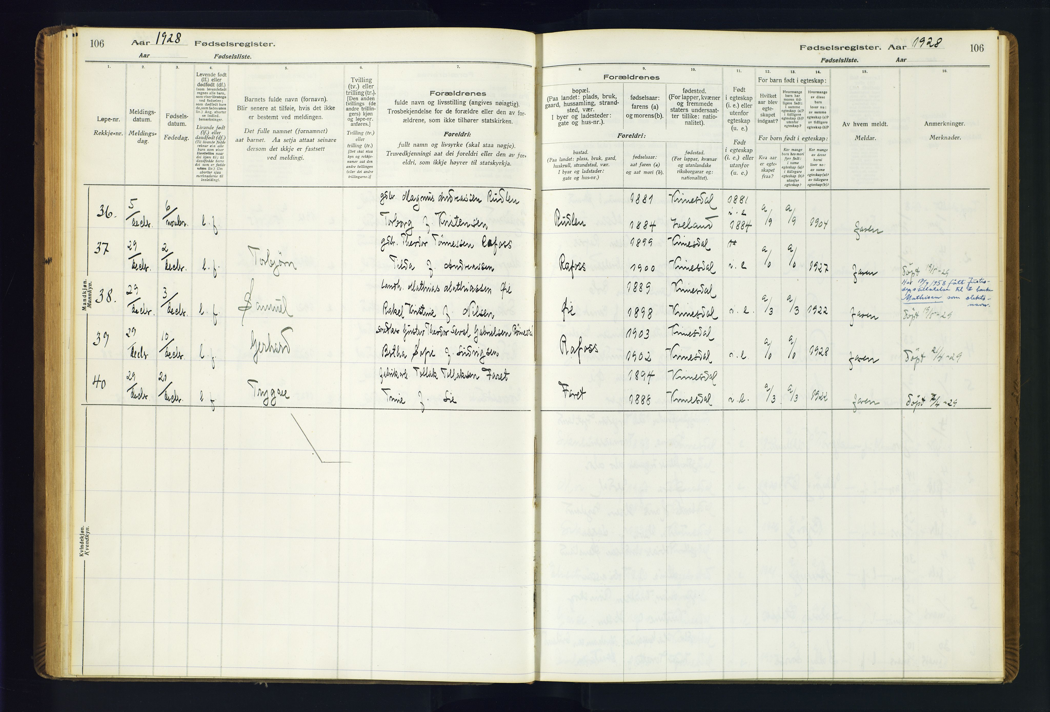 Kvinesdal sokneprestkontor, AV/SAK-1111-0026/J/Ja/L0001: Birth register no. 1, 1916-1941, p. 106