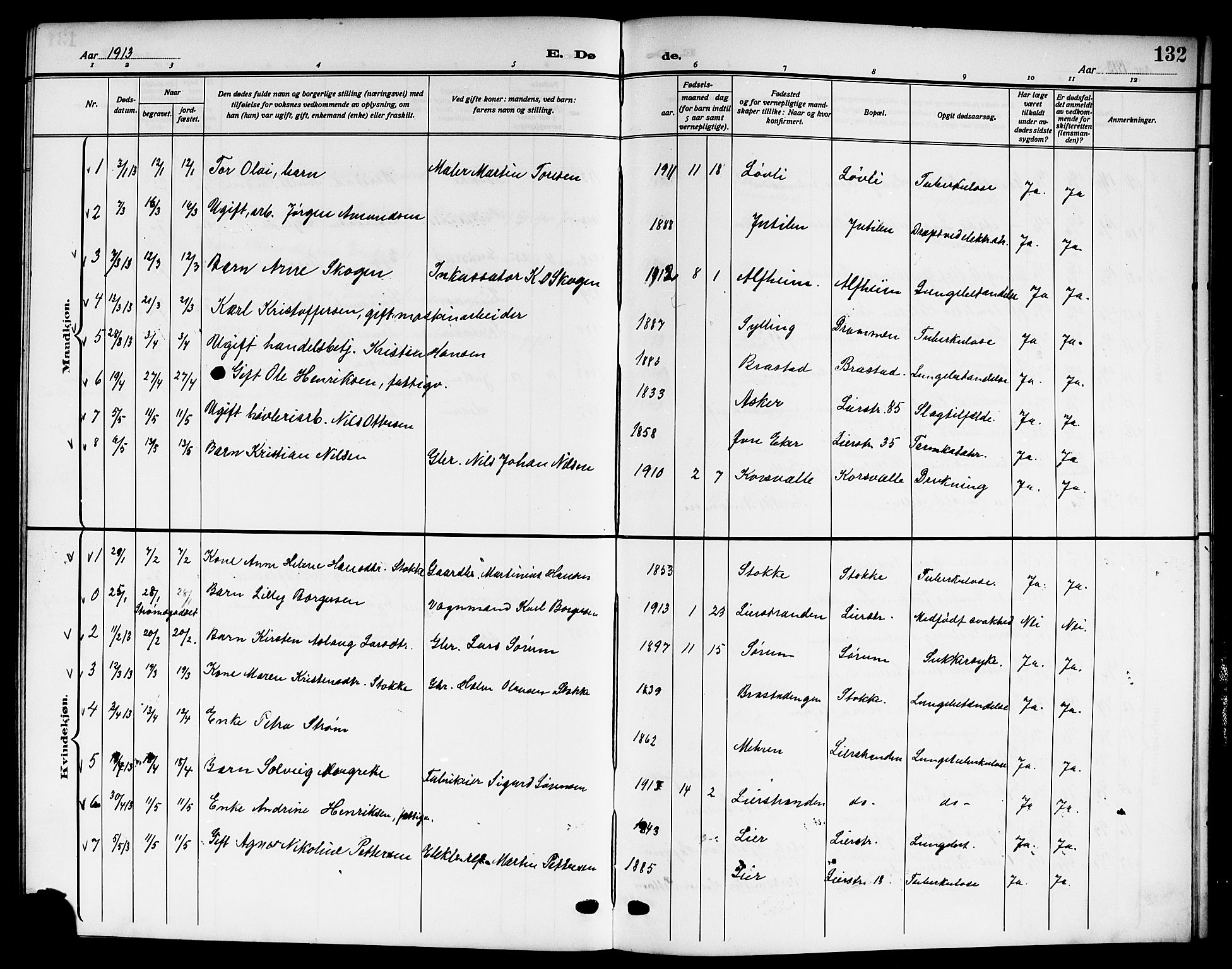 Lier kirkebøker, AV/SAKO-A-230/G/Gb/L0003: Parish register (copy) no. II 3, 1911-1919, p. 132