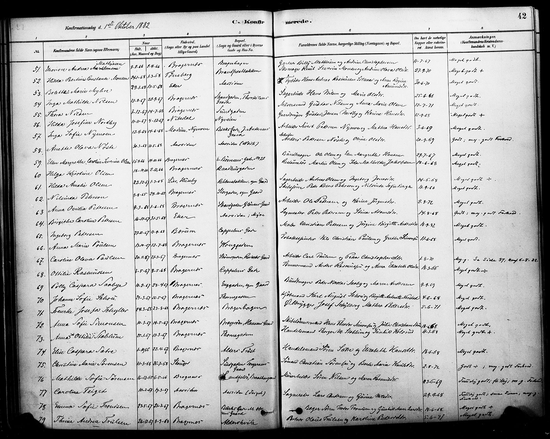 Bragernes kirkebøker, AV/SAKO-A-6/F/Fc/L0005: Parish register (official) no. III 5, 1878-1890, p. 42