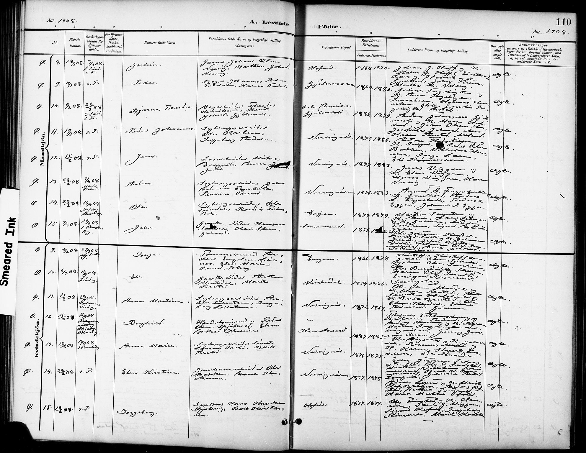 Ministerialprotokoller, klokkerbøker og fødselsregistre - Sør-Trøndelag, AV/SAT-A-1456/668/L0819: Parish register (copy) no. 668C08, 1899-1912, p. 110